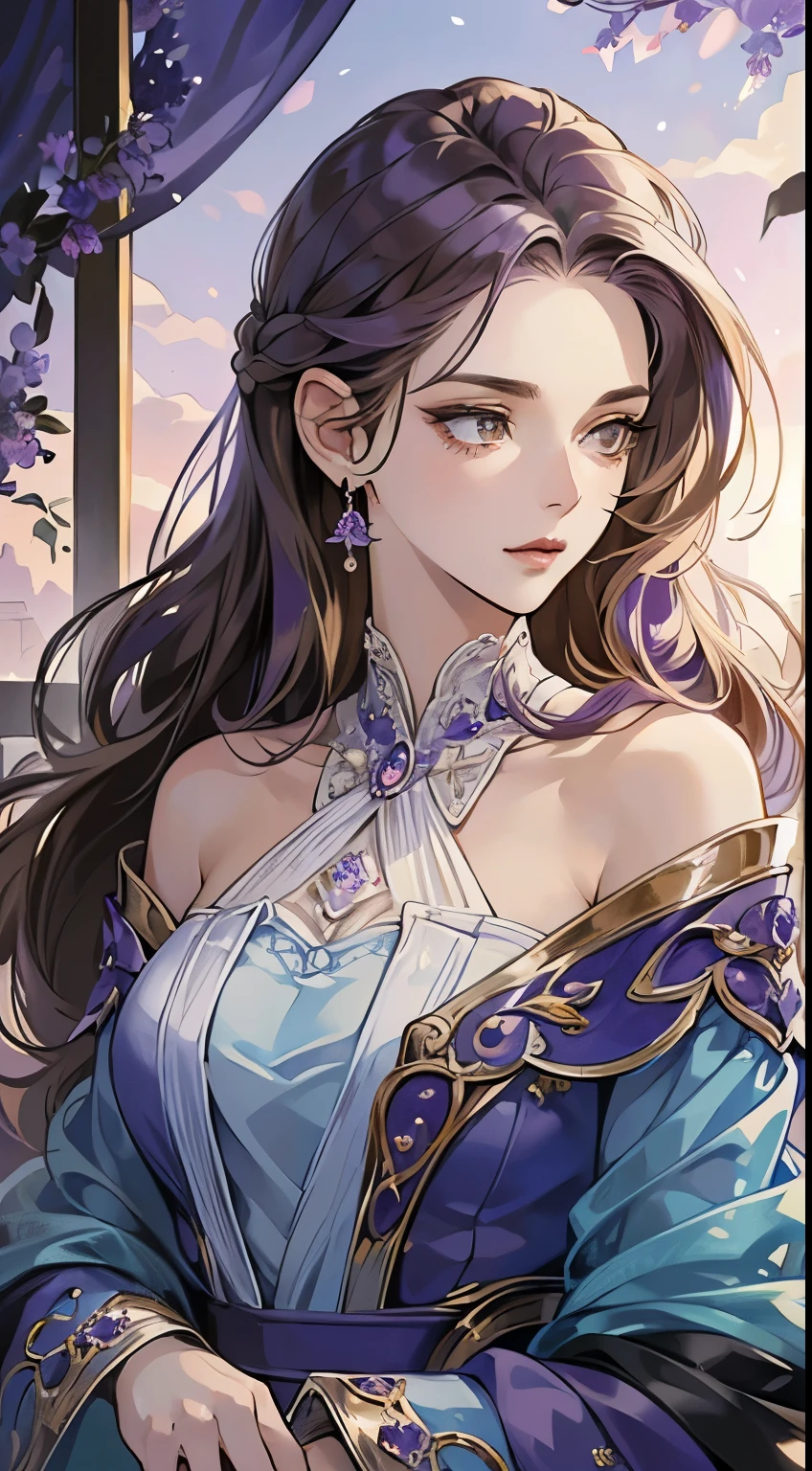 ((best quality)),(ultra high resolution),(Super detailed),((best anime)),Sharp Nice,vivid:1.1,Stunning depiction of art,fantasy art,fantastic background, (1 adult female:1.5),clean face,(beautiful light brown eyes,meticulous and detailed:1.5),(shiny violet hair:1.5),(Beautiful light blue dress,Dense and detailed:1.3)look here:1.5,The embroidery is detailed and beautiful,luxury accessories