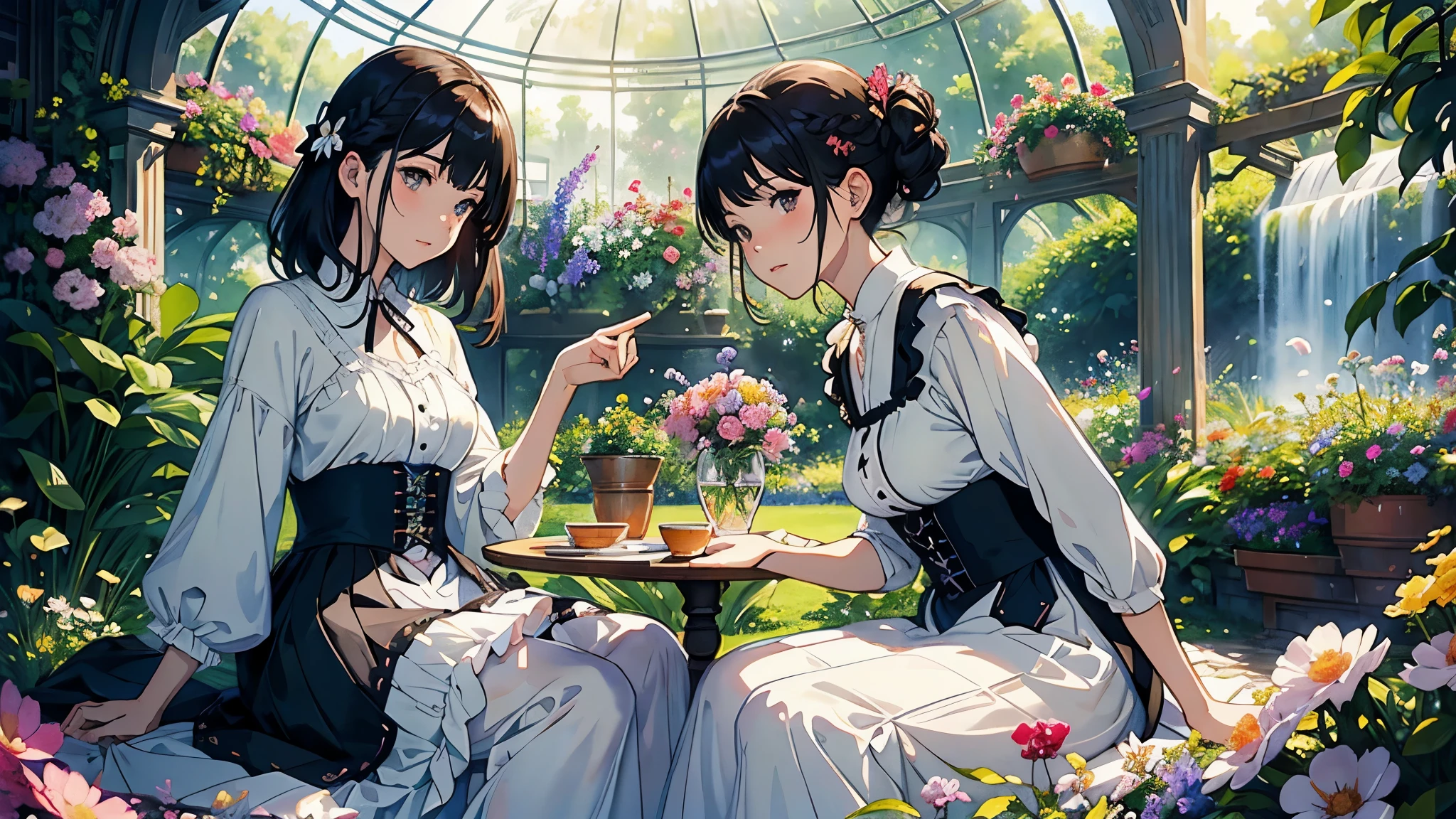 (highest quality、masterpiece、High resolution)、(Sargent style watercolor)、(anime art)、(two women)、18-year-old、Admiring the flowers、Holding a potted flower、medium short hair、black hair、braided hair、White blouse and long skirt、cinematic light、soft light、A botanical garden in a giant glass dome、squirt、gazebo、(lots of flowers)、A garden with dancing petals、butterfly々is flying、blur the background、
