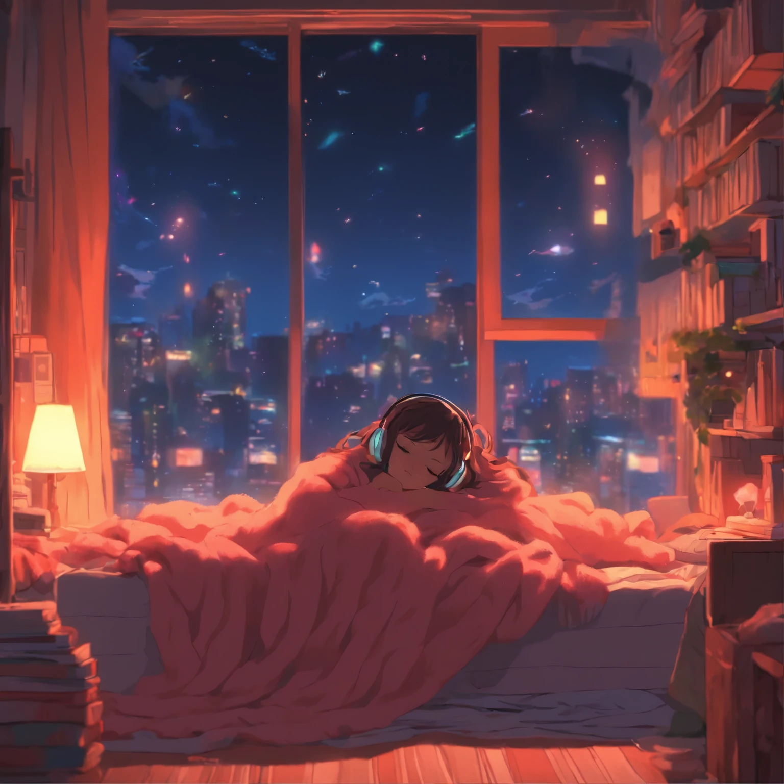 a girl, lying sleeping, wearing a big sweater, wearing headphones, legs covered with a blanket, lofi, calm, calm atmosphere, in her room looking at the window, cool, night, quiet night, masterpiece, best quality