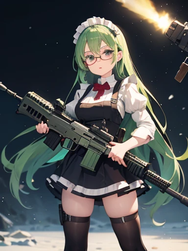 girl　Maid clothes　Glasses　green hair　medium long hair　Anti-tank rifles　rocket launcher　Assault rifle　Beam rifle　hand gun