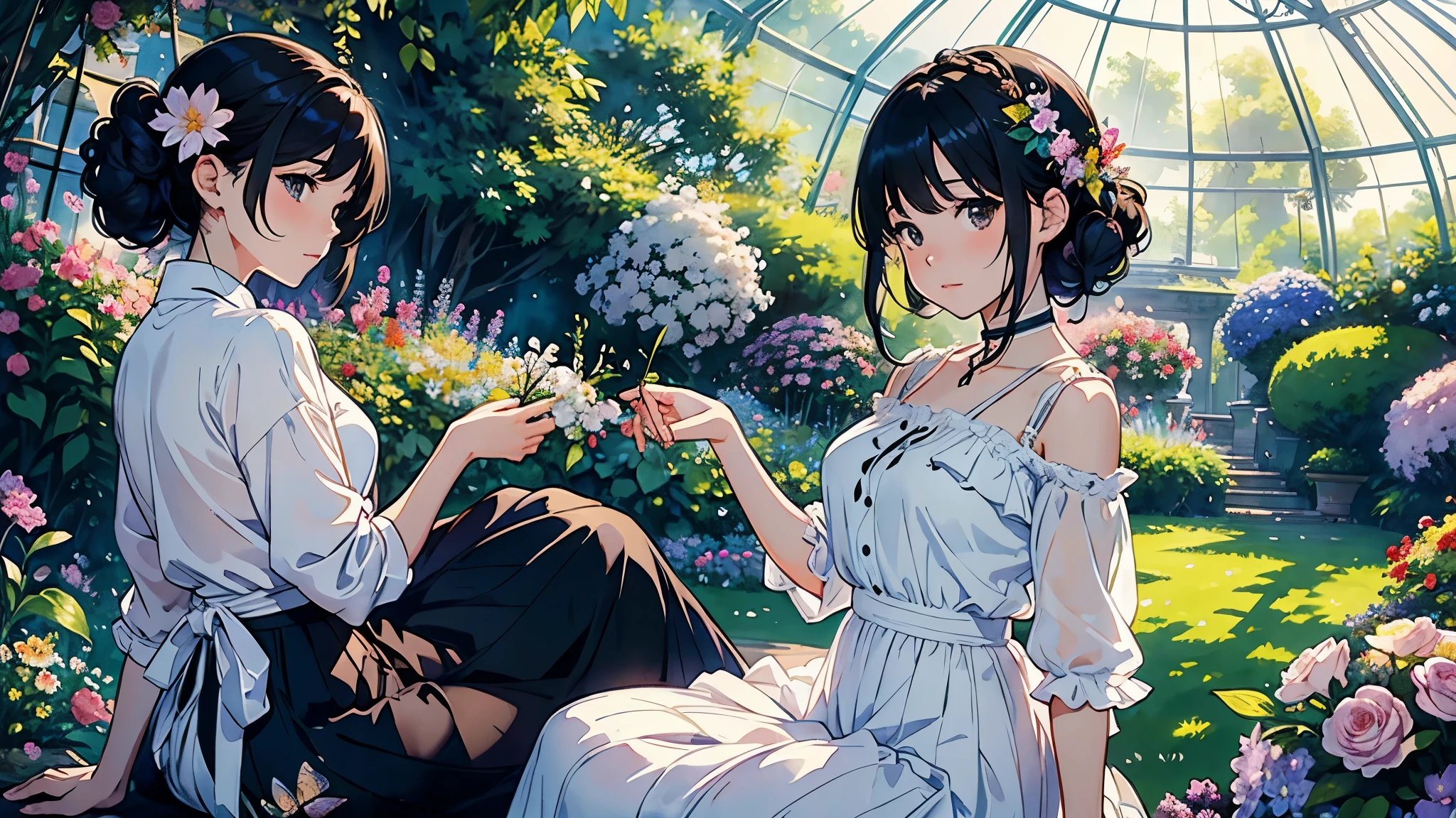 (highest quality、masterpiece、High resolution)、(Sargent style watercolor)、(anime art)、(three women)、18-year-old、Admiring the flowers、Holding a potted flower、medium short hair、black hair、braided hair、White blouse and long skirt、cinematic light、soft light、A botanical garden in a giant glass dome、squirt、gazebo、(lots of flowers)、A garden with dancing petals、butterfly々is flying、blur the background、