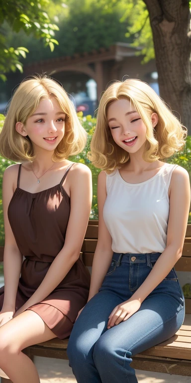 4 best freinds, (tall, dark straight brown hair), ((medium, brown curly hair)), (((short, blonde curly hair))), ((((short, straight blonde hair))), sitting next to each other, laughing, park