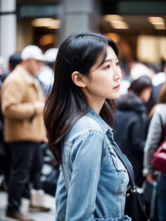 woman in her 30s A lonely back view in a crowd Plain clothes