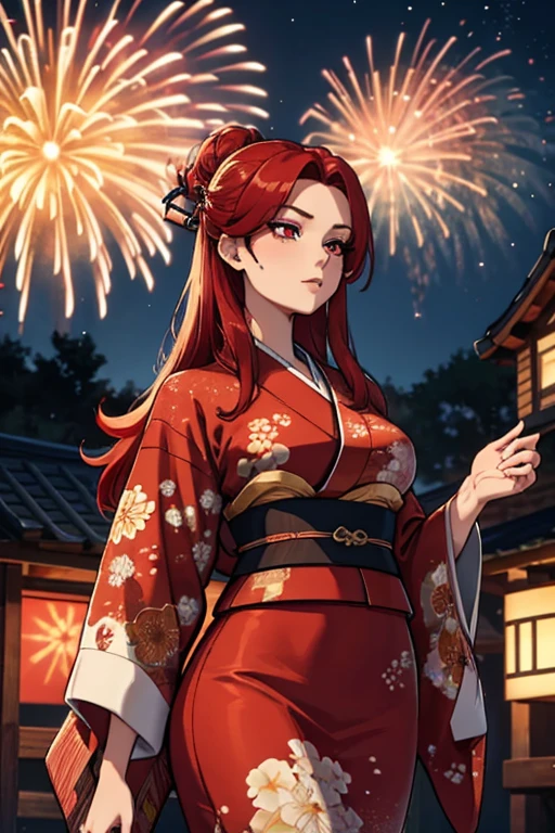 A red haired woman with red eyes with an hourglass figure in a conservative traditional kimono is watching fireworks in a festival