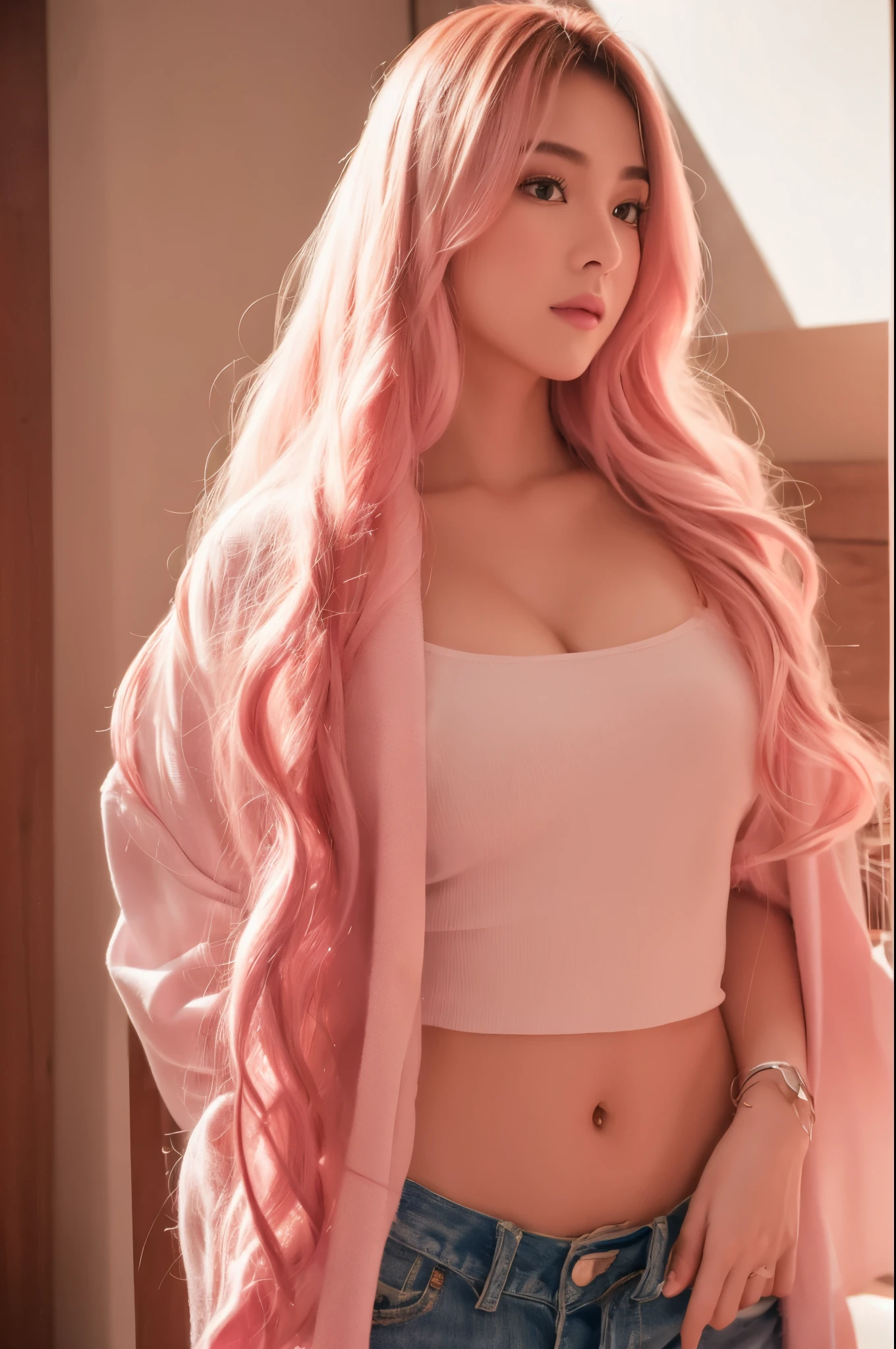 top-quality。8K-Picture。girl with。Perfect figure。Slim abs。Pink hair。pink bikinis。(Colossal tits;1.4)。Street。Pretty eyes。二重まぶた。Long wavy hair。Very delicately drawn face。Young gravure idols。Wild gaze。(Emphasize strongly)。Features of gravure idols、Colossal tits。