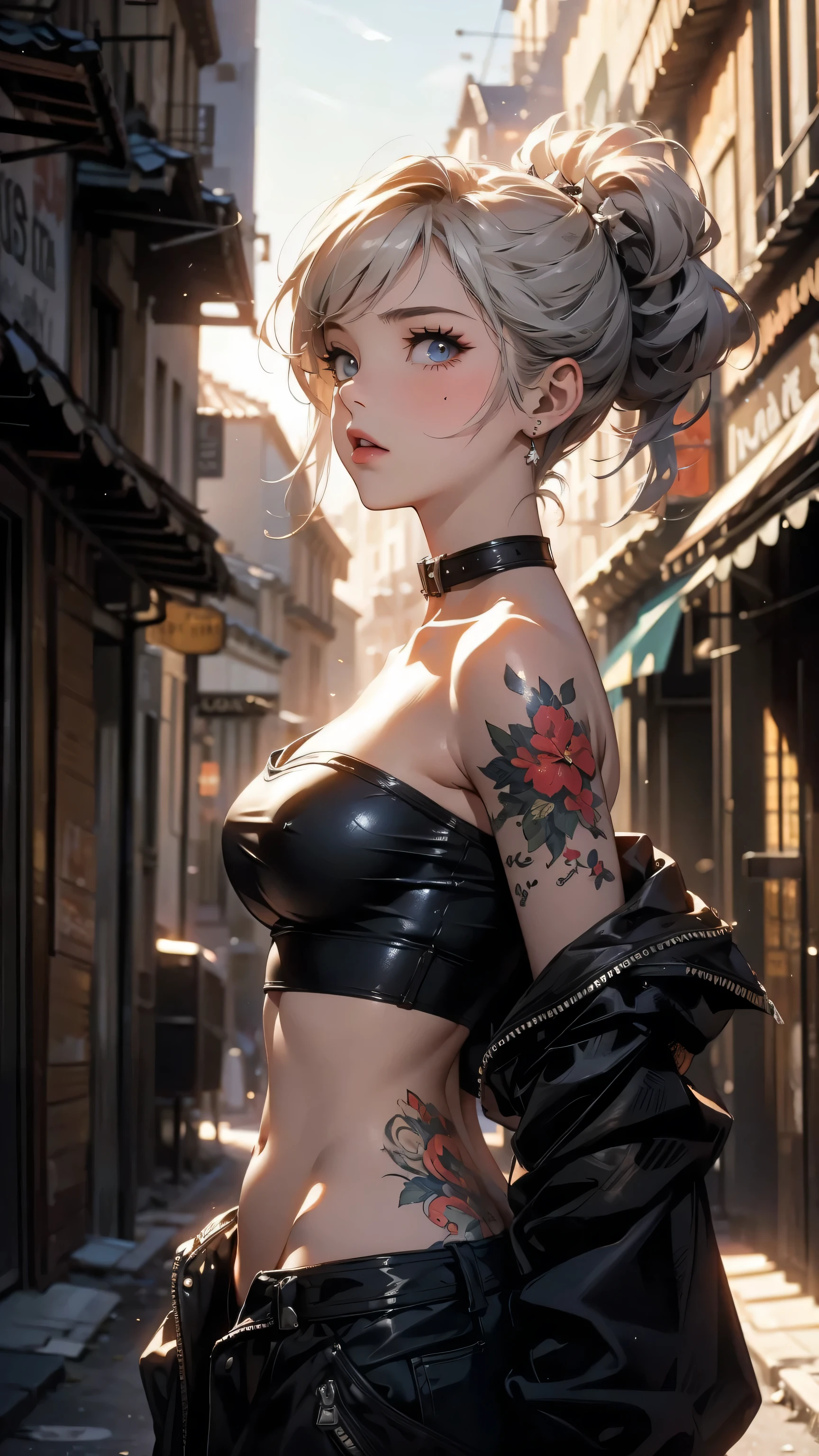 (masterpiece, High resolution, highest quality), ((20 year old woman, Solid Tube Top :1.3, The neck is exposed, Composition from head to stomach, upper body focus)), Look up, detailed eyes, hot pants, Floral tattoos covering the neck and arms:1.2, Asymmetrical punk short hair:1.2, ash gray hair, A deserted back alley in Paris:1.3, cinematic lighting, anime style, simple lines, digital painting