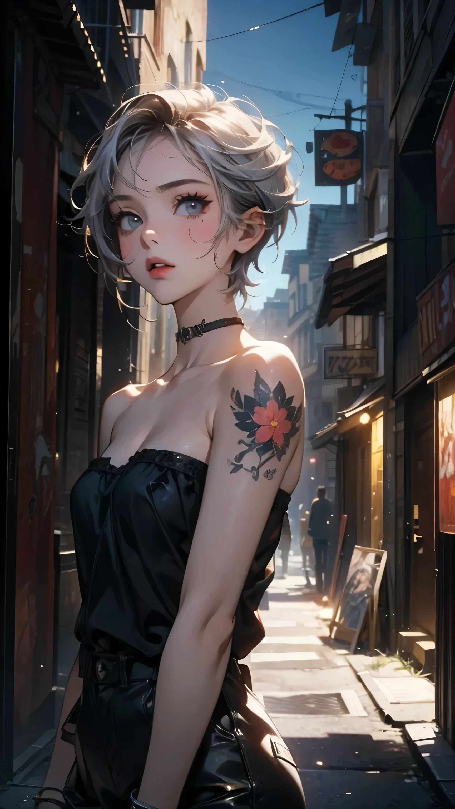(masterpiece, High resolution, highest quality), ((20 year old woman, Composition from head to stomach, upper body focus)), Look up, looking up at the sky, detailed eyes, Floral tattoos covering the neck and arms:1.2, Asymmetrical punk short hair:1.2, ash gray hair, , Solid Tube Top :1.3, hot pants, A deserted back alley in Paris:1.3, cinematic lighting, anime style, simple lines, digital painting