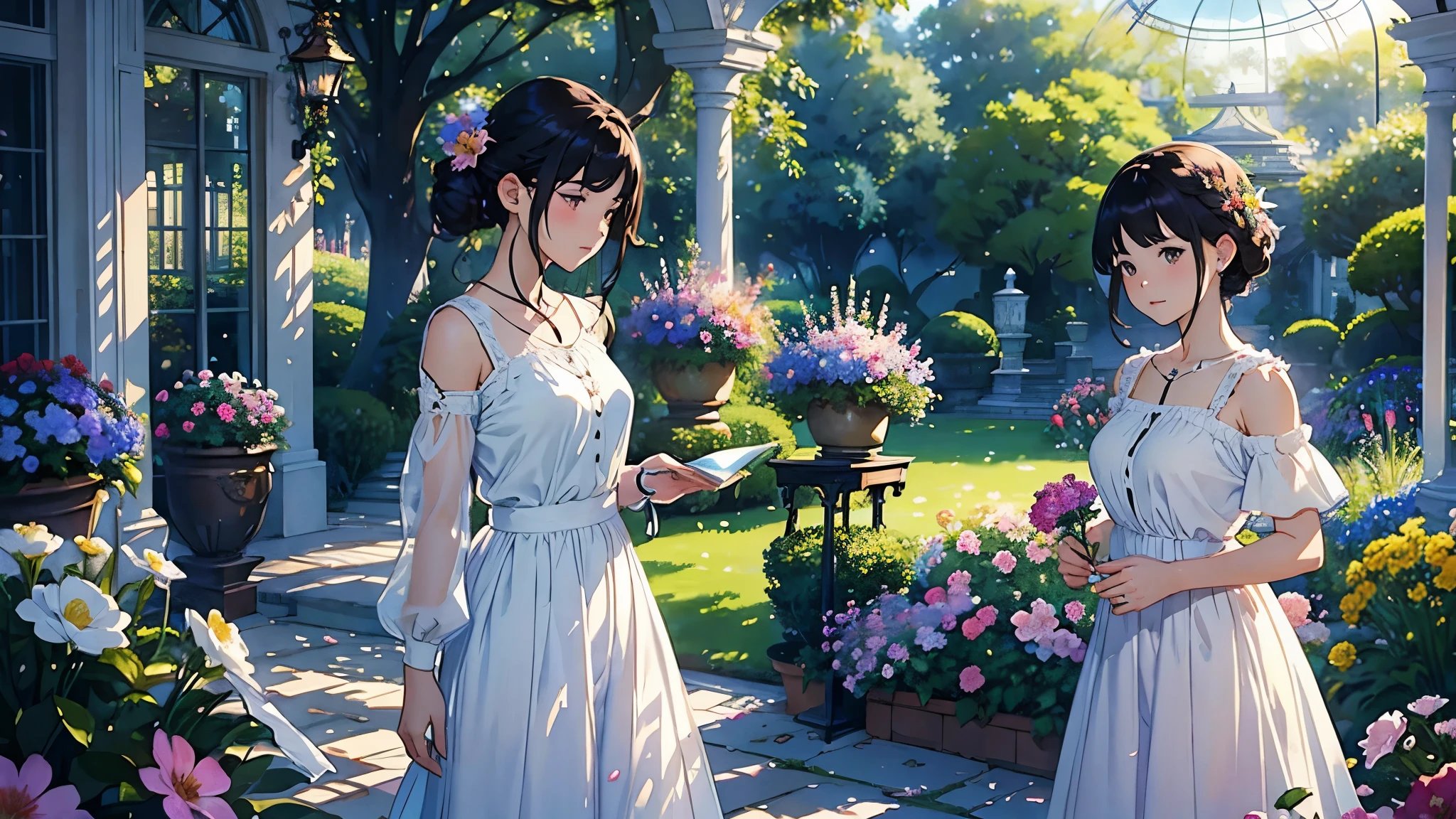 (highest quality、masterpiece、High resolution)、(Sargent style watercolor)、(anime art)、(three women)、18-year-old、Admiring the flowers、Holding a potted flower、medium short hair、black hair、braided hair、White blouse and long skirt、cinematic light、soft light、A botanical garden in a giant glass dome、squirt、gazebo、(lots of flowers)、A garden with dancing petals、butterfly々is flying、blur the background、