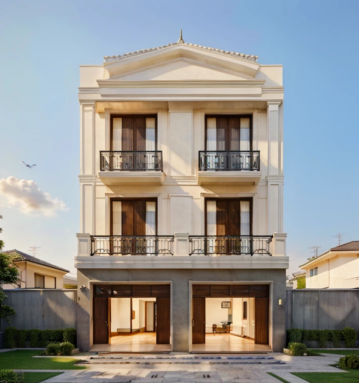 Raw photo,Masterpiece, high quality, best quality, authentic, super detail,
exterior, outdoors, house style neoclassic on the street, road,pavement, grass, trees, sky, cloud, (day:1.1), vivid colour,