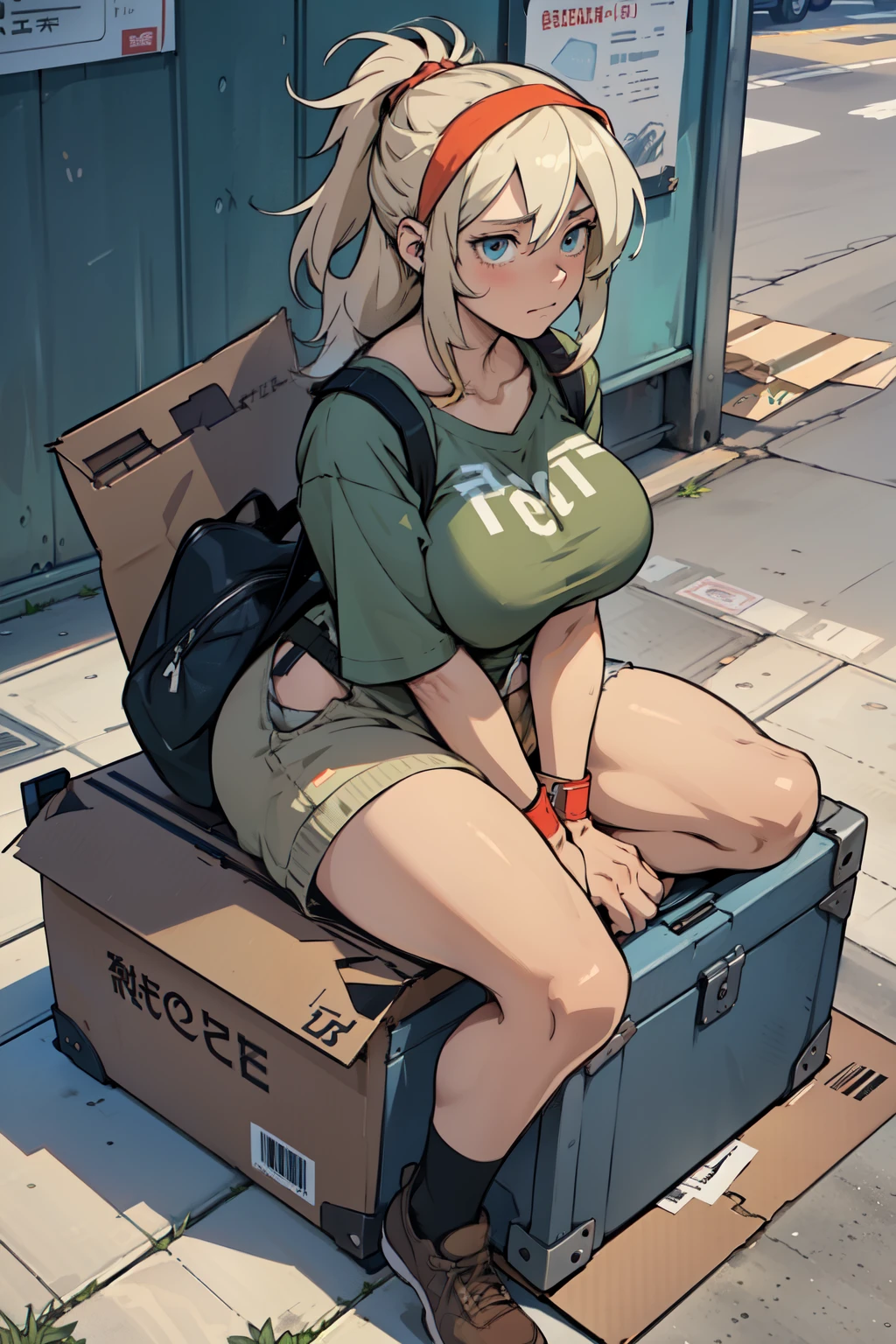 (Best quality:1.3), (masterpiece:1.1), (illustration:1.2), (Ultra detailed:1.2), Beautiful detailed eyes, Beautiful detailed girl, (1 girl), Anime girl, huge breasts, (homeless), (Begging), sad, lane, sitting on the ground, homeless outfit, (suitcase, bag), worn clothes, Poor, think, (Cardboard:1.3)
