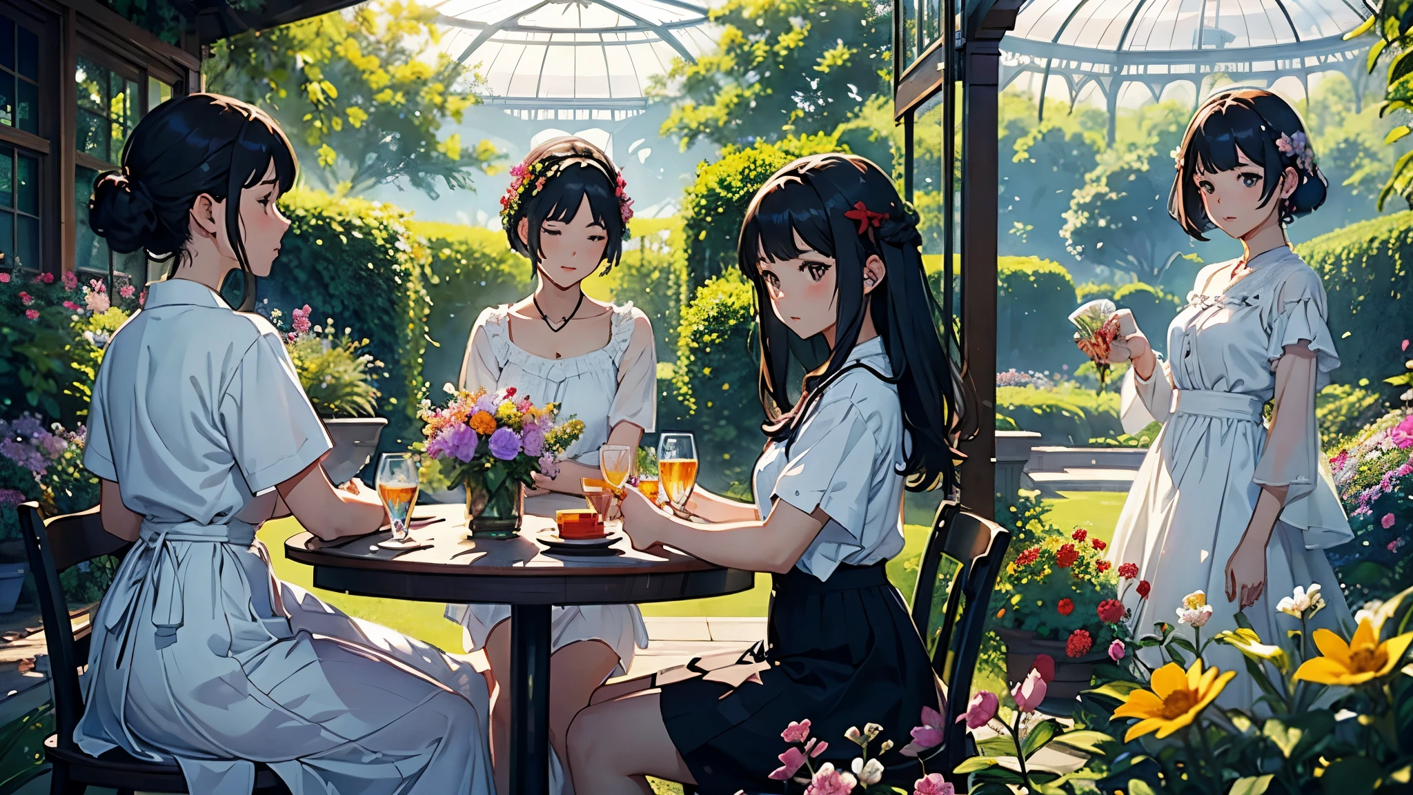 (highest quality、masterpiece、High resolution)、(Sargent style watercolor)、(anime art)、(three women)、18-year-old、Admiring the flowers、Holding a potted flower、medium short hair、black hair、braided hair、White blouse and long skirt、cinematic light、soft light、A botanical garden in a giant glass dome、squirt、gazebo、(lots of flowers)、A garden with dancing petals、butterfly々is flying、blur the background、