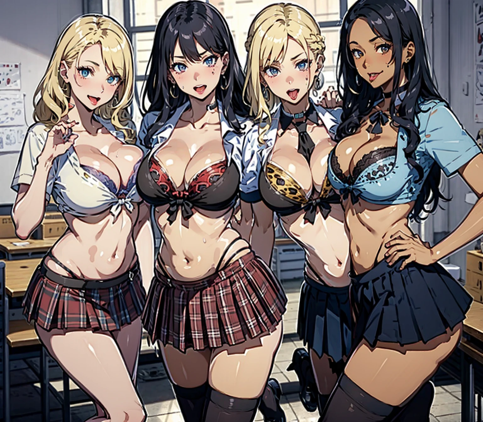 (Beautiful detailed eyes), (Beautiful detailed face), (top-quality), (ultra-detailed), (masterpiece), (blonde hair), (shag hairstyle:1.1), (4girls), (multiple girls), (lineup), (group picture), (Sweat), standing, (huge breasts), (cleavage), (skinny thigh), (slim waist), (smile), (school uniform), (crop top), (navel), (midriff), (microskirt:1.2), (black thighhighs), (plaid), (school), (in class room:1.2), (open clothes), (gyaru), (lace-trimmed bra), (leopard print), (dark skin:1.2), (open mouth), (tongue out:1.25)