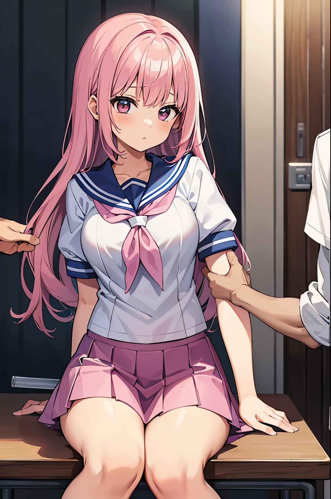 A pink-haired high school girl in a sailor uniform receives a vaccination、A man grabs your arm、Take the syringe and stick it into your upper arm.。.
