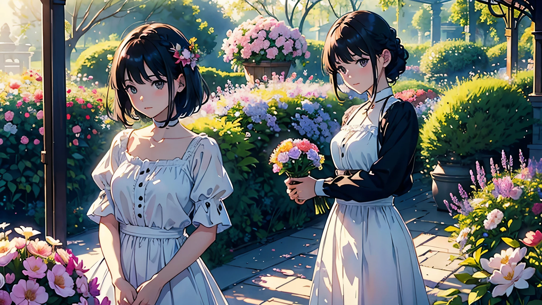 (highest quality、masterpiece、High resolution)、(Sargent style watercolor)、(anime art)、(three women)、18-year-old、Admiring the flowers、Holding a potted flower、medium short hair、black hair、braided hair、White blouse and long skirt、cinematic light、soft light、A botanical garden in a giant glass dome、squirt、gazebo、(lots of flowers)、A garden with dancing petals、butterfly々is flying、blur the background、