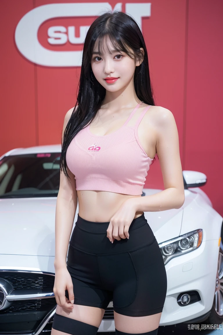 (8K), (highest quality: 1.2), (realistic), (realistic: 1.37), ultra high resolution, (1 girl, cute, smile, closed mouth, thick lips,red lip,beautiful details, beautiful nose, (straight black hair), smooth hair,giant dulcefo, self snap,(pink sports bra),(Big corporate logo),(Yoga Shorts:1),(Natural knee-high socks),At the Motor Show,(Standing in front of the car:1.1),(Close up on wet thighs),(Medium Shot:1.2),side