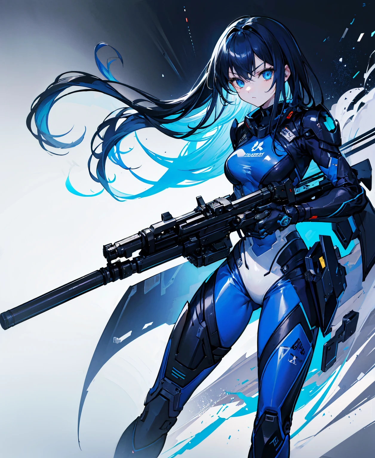 no background,girl,carry a firearm,Enamel-like tight suit,use of firearms,dark blue long hair,attention arousal,blue colored eyes,no gradation