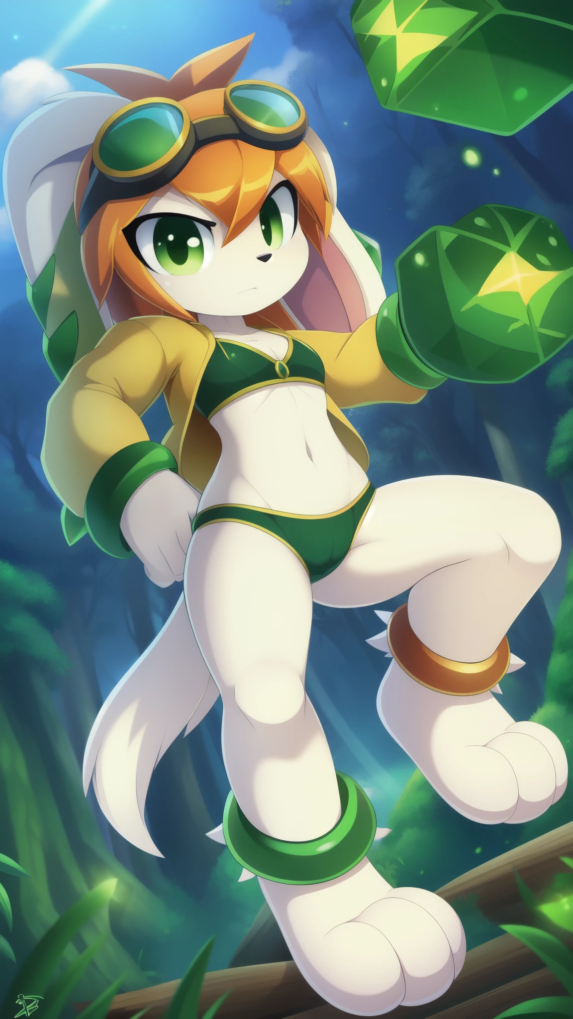 "Freedom Planet 2", Milla Basset, furry girl, dog, orange spiky hair, floppy ears, green eyes, detailed body fur, small breasts, (jewerly, green jewel, goggles, yellow jacket, open clothes, green bikini)), looking at you, white body fur, detailed face, detailed eyes, detailed body, detailed body fur, detailed hands, flat body, glistering body, shiny body, skinny, angry face, looking at you, glow throughout the scene, full body, feets with three toes, 3 toes, big feets, masterpiece, powers, green cube magic, green particles, action: fighter, forest, clear sky,