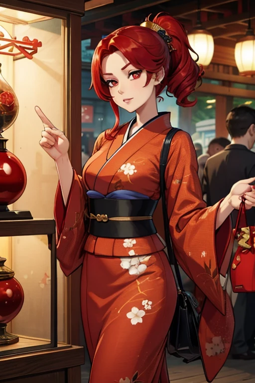 A red haired woman with red eyes with an hourglass figure in a conservative traditional kimono is buying a charm in a festival