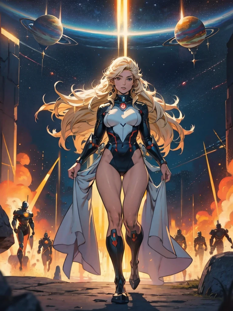 best quality, masterpiece, woman space super hero, beautiful face,full body,hi-tech armour over silver latex suit, long curly blonde hair,in deep space, with several planets and suns in the background