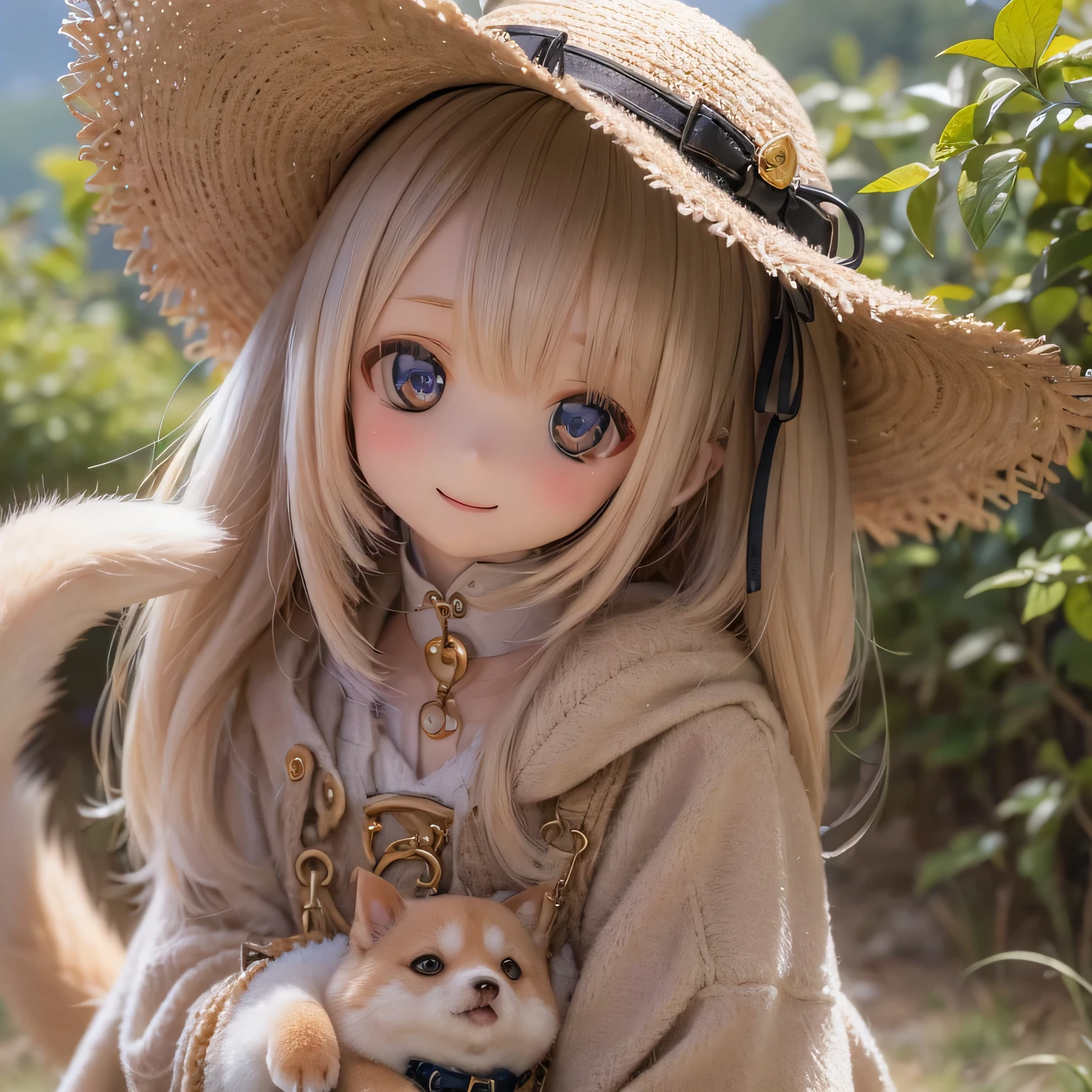 beautiful detailed eyes, long eyelashes, cute button nose, rosy lips, a girl playing with a Shiba Inu dog in a picturesque countryside scenery, warm sunlight casting golden hues on the landscape, soft green grass and flowers in bloom, a winding path leading up the tall mountains, lush trees standing tall, a serene atmosphere, the girl wearing a flowy dress and a wide-brimmed straw hat, smiling and showing pure joy in her eyes, the Shiba Inu wagging its tail and looking up at her with excitement, creating a heartwarming bond, a sense of adventure and exploration in the air, the mountains showcasing their majestic beauty, their peaks touching the clouds, the sound of birds chirping and leaves rustling in the gentle breeze, capturing a perfect moment in time, (best quality, HDR, ultra-detailed, photorealistic)