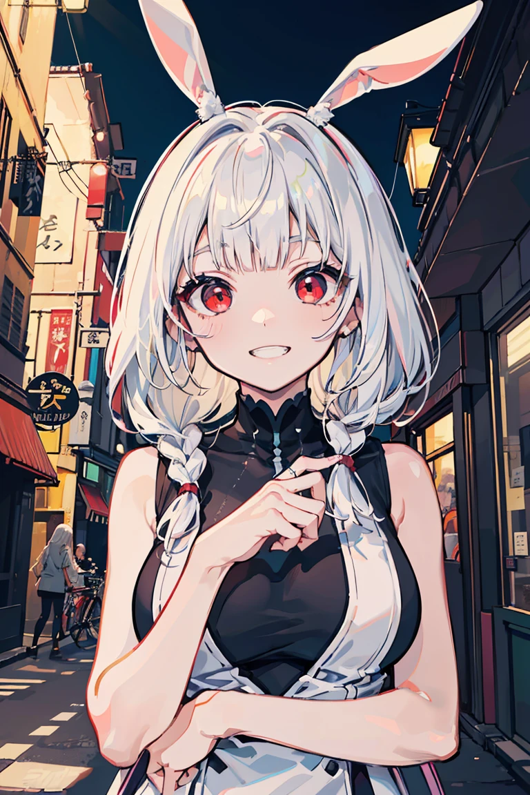 (1 girl), (Bunny ears),exposure is low, (beastman),(super high quality), masterpiece, wild, cute, casual scene, relaxed atmosphere, she wears fashionable clothes, (Grinning), beautiful表情 , Warm sunlight, Street atmosphere, urban environment. perfect body, medium breasts,Fresh, wild, (asymmetrical bangs:1.5), braided hair, highly detailed face and eyes, (pure white hair, Deep gradient red eyes:1.2),(Shiny highlight eyes), digital art, beautiful, cinematic lighting, by Yusuke Murata.tonality, romanticism, modern art, Impressionism, reflected light, 8K, masterpiece, advanced details, highest quality, Just five fingers