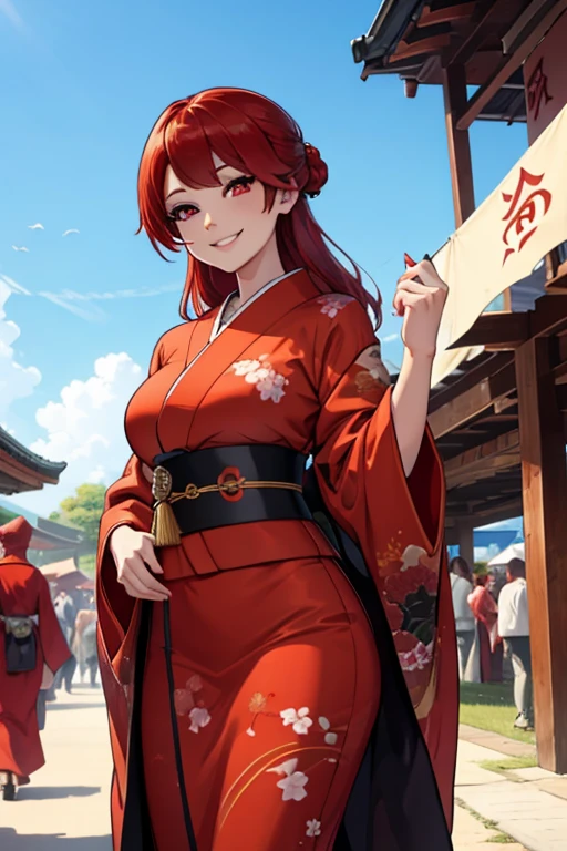 A red haired woman with red eyes with an hourglass figure in a conservative traditional kimono is smiling in a festival
