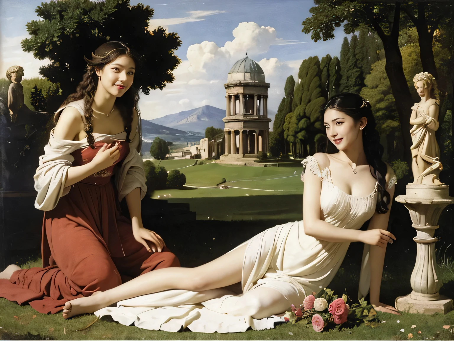 full body portrait or statue、Giorgione painting style,Arguments of two female Philosophe,math、astronomical machine、astronaut、roses in vase、fruits、Cute trinkets、smile、ancient greek costume、Ancient Roman landscape in the style of Nicolas Poussin,laughter,,Sweet and seductive appearance.、Caravaggio's paintings、Chiaroscuro of Caravaggio、hair tousled by the wind,Two women frolicking,cute smile, expression of ecstasy,Sexy,erotic