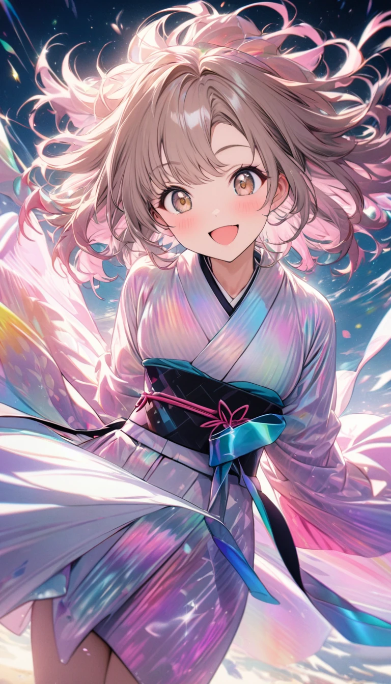 best quality, super fine, 16k, incredibly absurdres, extremely detailed, cute girl smiling, excited look, pink messy hair, wind, wind-effect, sparkling light brown eyes, wearing chic Japanese kimono fashion, fantastic and mysterious, variety of visual styles that combine various artistic elements like a sparkling iridescent pastel and vivid colors