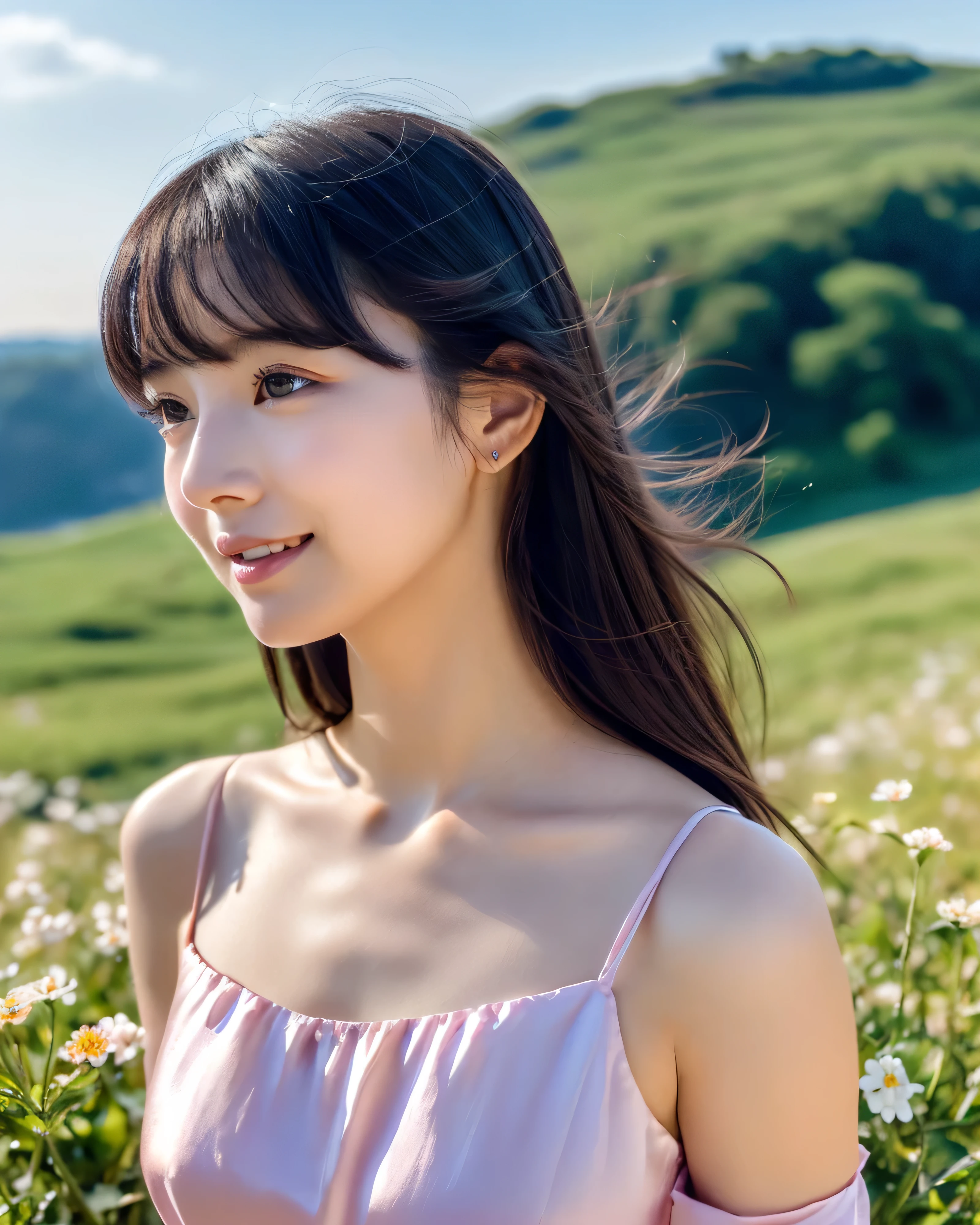 ((highest quality, 32k, High resolution, masterpiece:1.5, ), wonderful use of color, A nostalgic landscape, beautiful japanese girl, A hill overlooking the sea that stretches to the horizon, Shiny black hair with a blue glow, long hair, beautiful bangs, hair between eyes, Beautiful eyes like jewels, A clear double, pale pink lips, gentle smile, (Open-neck silk dress), slouch, off shoulder, mini skirt, sit, Detailed and perfect clavicle, Beautiful chest in high resolution, ((High resolution beautiful thigh absolute area)), beautiful feet, top of the hill, Colorful small flowers, soft sunlight, Blowing in the wind of fluttering hair, beautiful detailed sky, professional photographer, professional lighting, Professional models