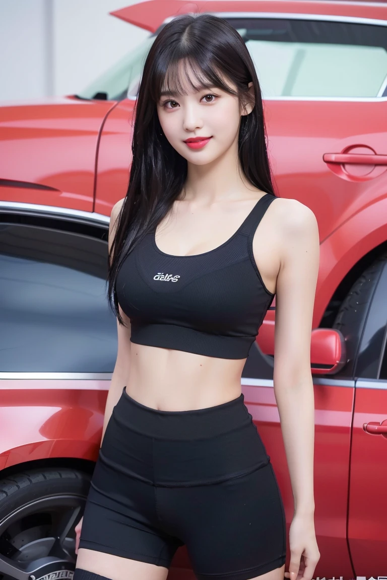 (8K), (highest quality: 1.2), (realistic), (realistic: 1.37), ultra high resolution, (1 girl, cute, smile, closed mouth, thick lips,red lip,beautiful details, beautiful nose, (straight black hair), smooth hair,giant dulcefo, self snap,(Light pink sports bra),(Big corporate logo),(Yoga Shorts:1),(Natural knee-high socks),At the Motor Show,(Standing in front of the car:1.1),Close up on wet thighs,(Medium Shot:1.2),I can see the nipples:1.2