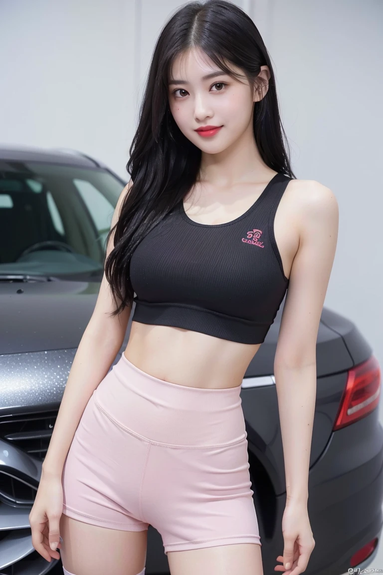 (8K), (highest quality: 1.2), (realistic), (realistic: 1.37), ultra high resolution, (1 girl, cute, smile, closed mouth, thick lips,red lip,beautiful details, beautiful nose, (straight black hair), smooth hair,giant dulcefo, self snap,(pink sports bra),(Big corporate logo),(Yoga Shorts:1),(Natural knee-high socks),At the Motor Show,(Standing in front of the car:1.1),Close up on wet thighs,(Medium Shot:1.2),Raise your arm and see your side