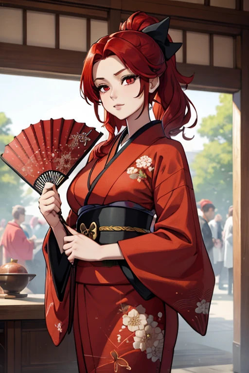 A red haired woman with red eyes with an hourglass figure in a conservative traditional kimono is holding a fan in a festival
