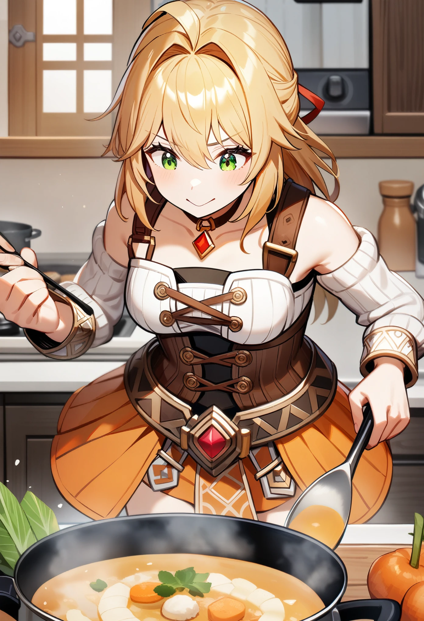 1girl, fiora \(xenoblade\), xenoblade chronicles \(series\),blonde hair,green eyes,shoulder strap,orange skirt,high thigh socks,cooking,soup,ultra-detailed,sharp focus,aesthetic,(best quality)