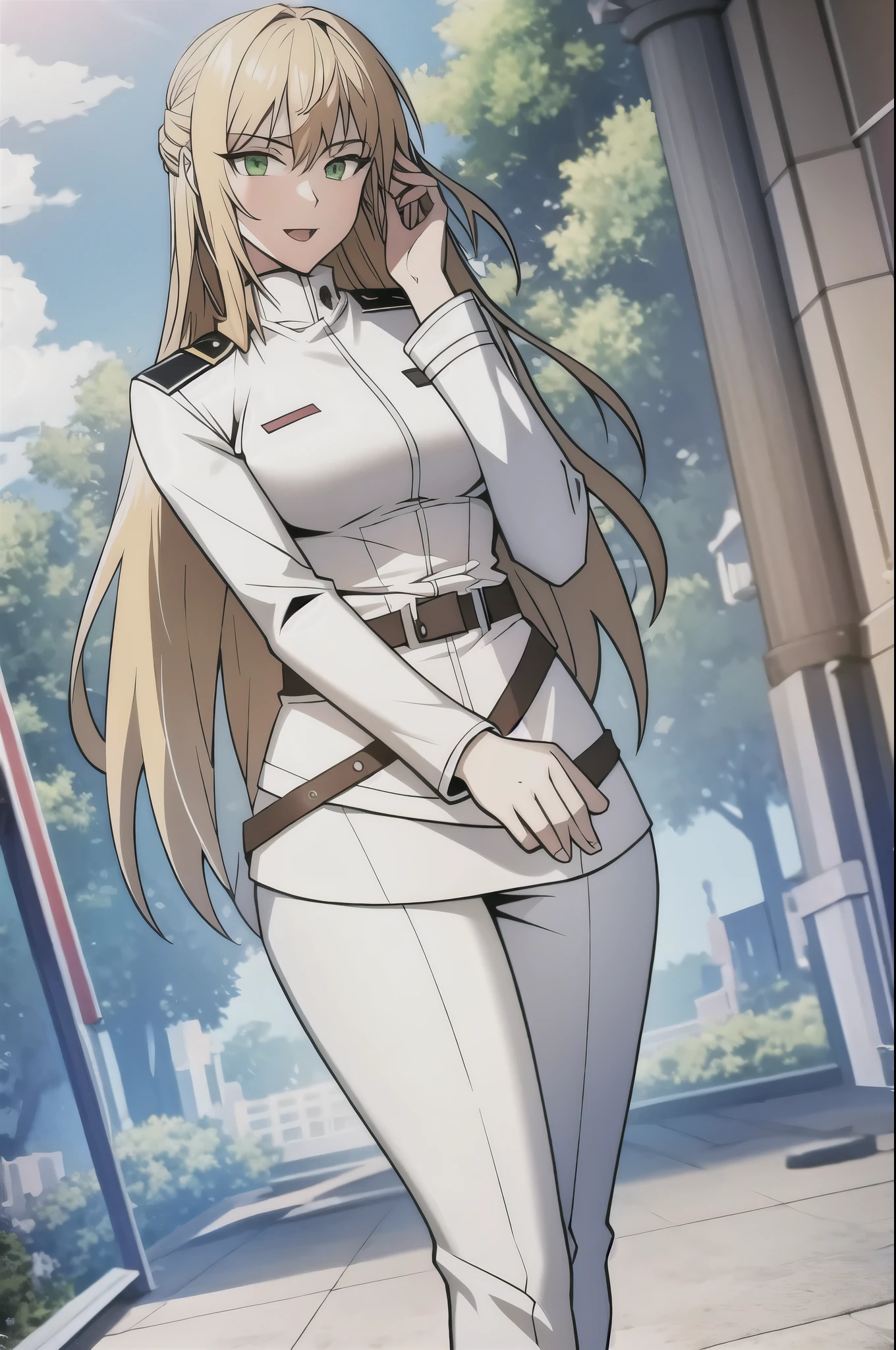 (masterpiece, best quality:1.2), 1girl, solo, blonde hair, green eyes,full body,white uniform