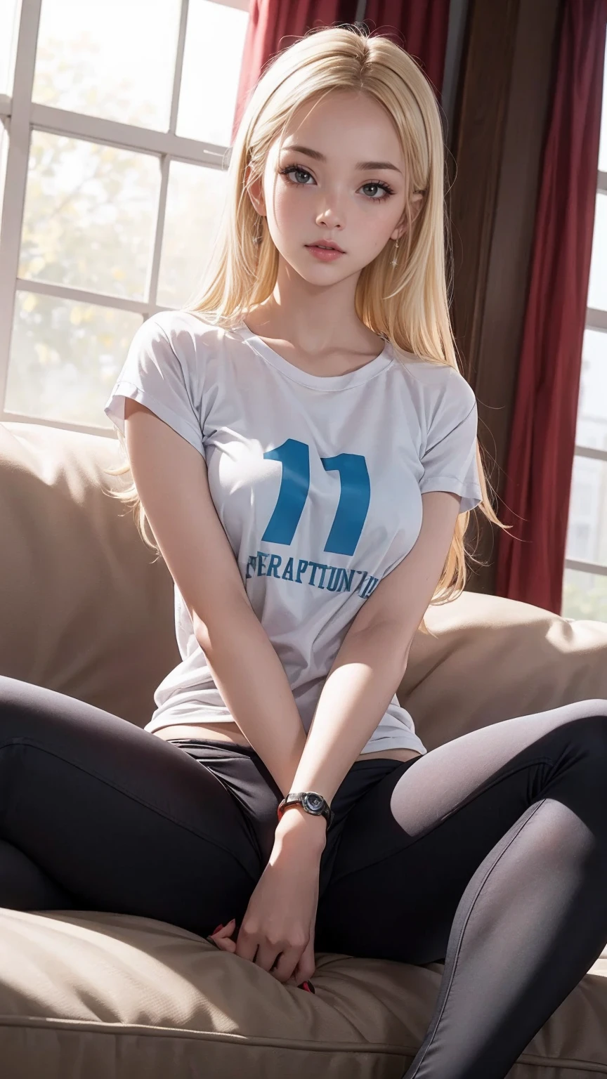 ((最high quality, 8K, masterpiece: 1.3, Ultra HD, high quality, 最high quality, High resolution, realism)) 、(high color saturation:1.0), (highly detailed skin), (最high quality:1.0), (超High resolution:1.0) ,(realistic:1.0), (Super detailed:1.0), (8K, Raw photo:1.1), slender、Slender, muscular body that's toned like an athlete's、I don't want my head to disappear from the screen.、Wear accessories on your wrist、Wearing red nail polish、I have a peticure、cinematic lighting, sparkle 、25 year old white woman、platinum blonde、long hair、blue eyes、hair above one eye、Wear an oversized T-shirt、Wear low rise leggings、Sitting on the sofa with your legs stretched out in the living room at home、Eating popcorn and watching TV