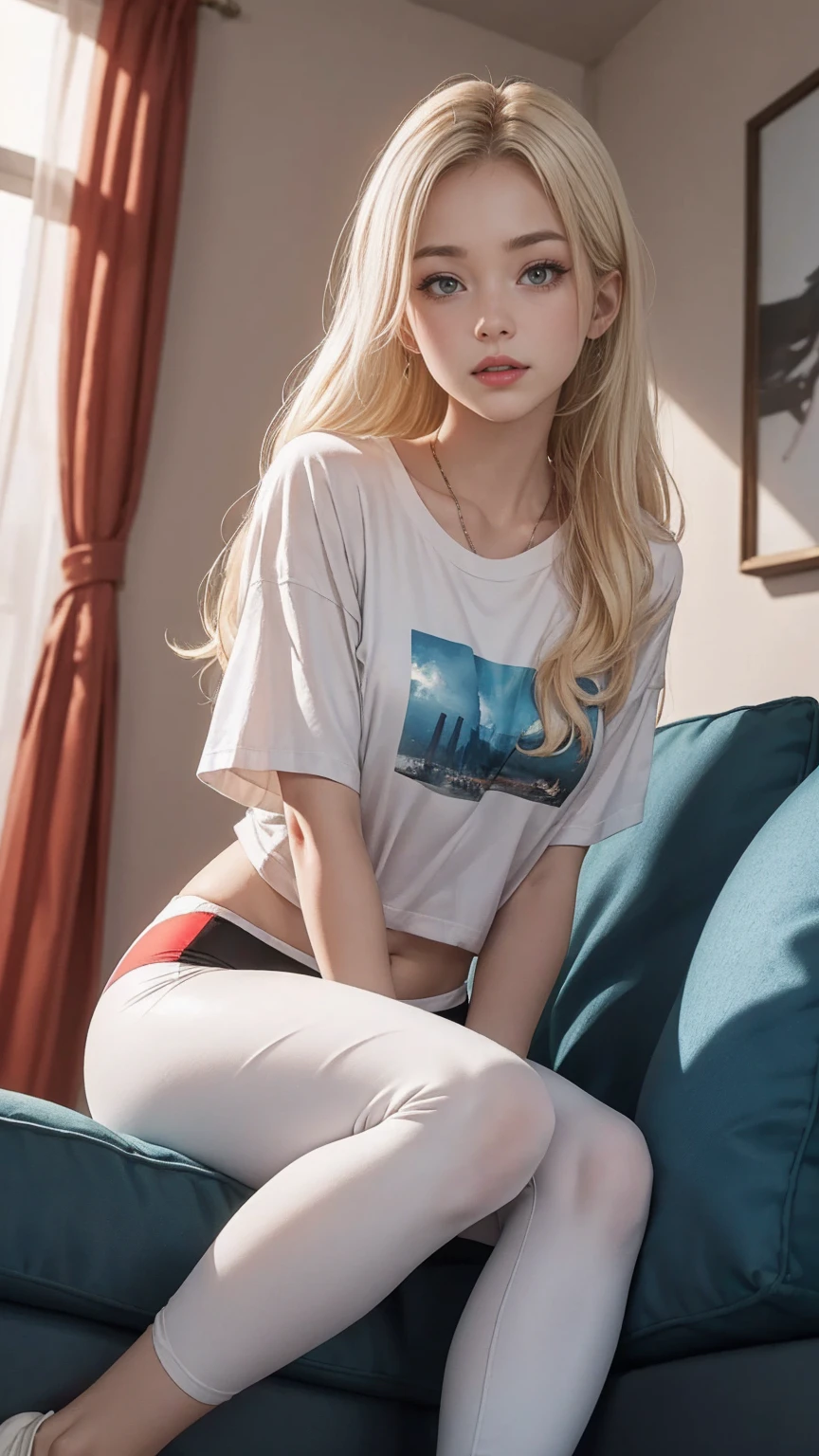 realisticlying， A high resolution， Kizi， whaite hair， Korea， blue color eyes， Small moles under the eyes， Loose white shirt， sweat shorts，Big house， thick thight， legs crossed， sitted，pale-skinned，Melancholy eyes，gigantic cleavage breasts，Raised ，Get wet all over your body，Pose with your hips facing you