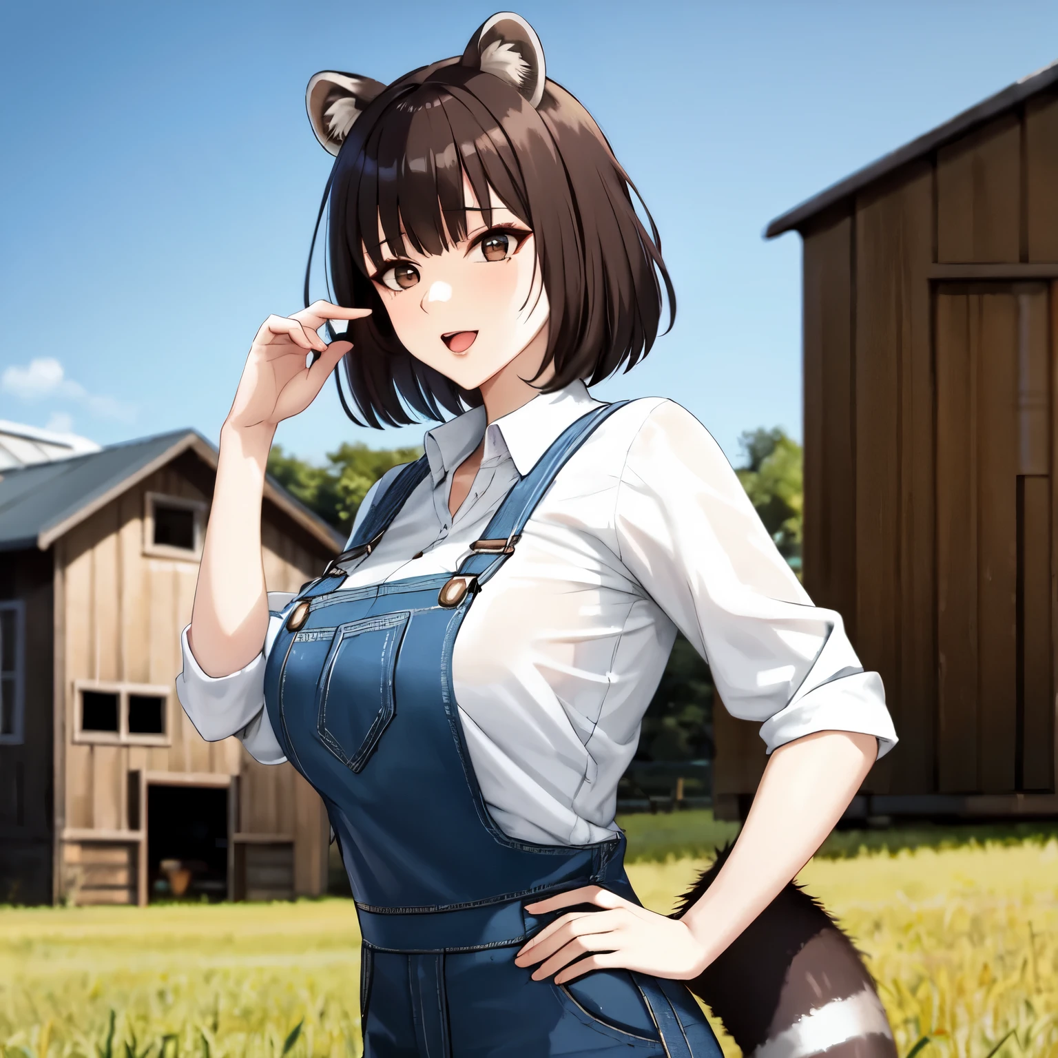 One woman, beautiful woman, farmer girl, white shirt, denim overalls, grayish brown hair, short hair, raccoon girl, raccoon ears, raccoon tail, barn in the background, hot woman, big breasts, mature face, grown up, sexy pose, sexy facial expression, young, childish look on face, focus on face