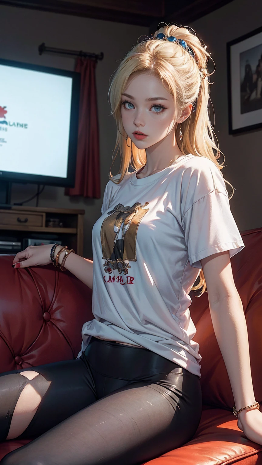 ((最high quality, 8K, masterpiece: 1.3, Ultra HD, high quality, 最high quality, High resolution, realism)) 、(high color saturation:1.0), (highly detailed skin), (最high quality:1.0), (超High resolution:1.0) ,(realistic:1.0), (Super detailed:1.0), (8K, Raw photo:1.1), slender、Slender, muscular body that's toned like an athlete's、I don't want my head to disappear from the screen.、Wear accessories on your wrist、Wearing red nail polish、I have a peticure、cinematic lighting, sparkle 、25 year old white woman、platinum blonde、long hair、blue eyes、hair above one eye、Wear an oversized T-shirt、Wear low rise leggings、Sitting on the sofa with your legs stretched out in the living room at home、Eating popcorn and watching TV