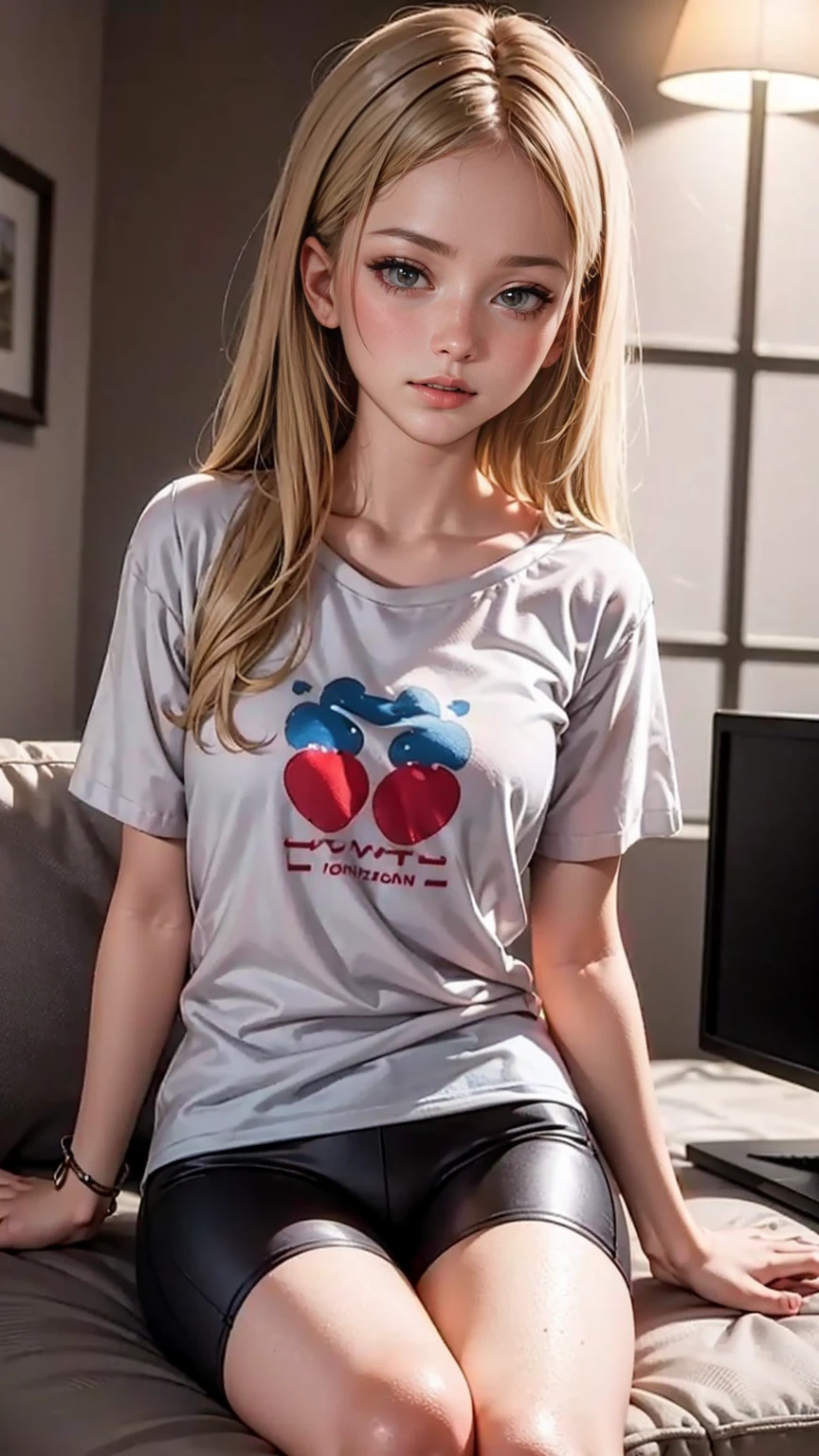 ((最high quality, 8K, masterpiece: 1.3, Ultra HD, high quality, 最high quality, High resolution, realism)) 、(high color saturation:1.0), (highly detailed skin), (最high quality:1.0), (超High resolution:1.0) ,(realistic:1.0), (Super detailed:1.0), (8K, Raw photo:1.1), slender、Slender, muscular body that&#39;s toned like an athlete&#39;s、I don&#39;t want my head to disappear from the screen.、Wear accessories on your wrist、Wearing red nail polish、I have a peticure、cinematic lighting, sparkle 、25 year old white woman、platinum blonde、long hair、blue eyes、hair above one eye、Wear an oversized T-shirt、Wear low rise leggings、Sitting on the sofa with your legs stretched out in the living room at home、Eating popcorn and watching TV