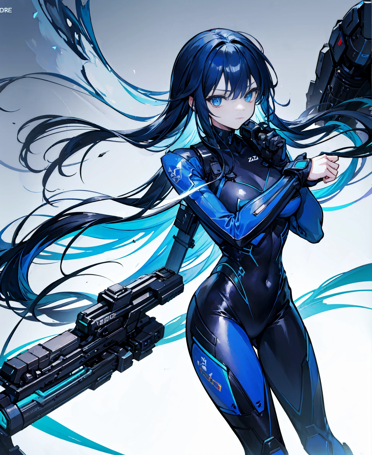 no background,girl,carry a firearm,Enamel-like tight suit,use of firearms,dark blue long hair,attention arousal,blue colored eyes,no gradation