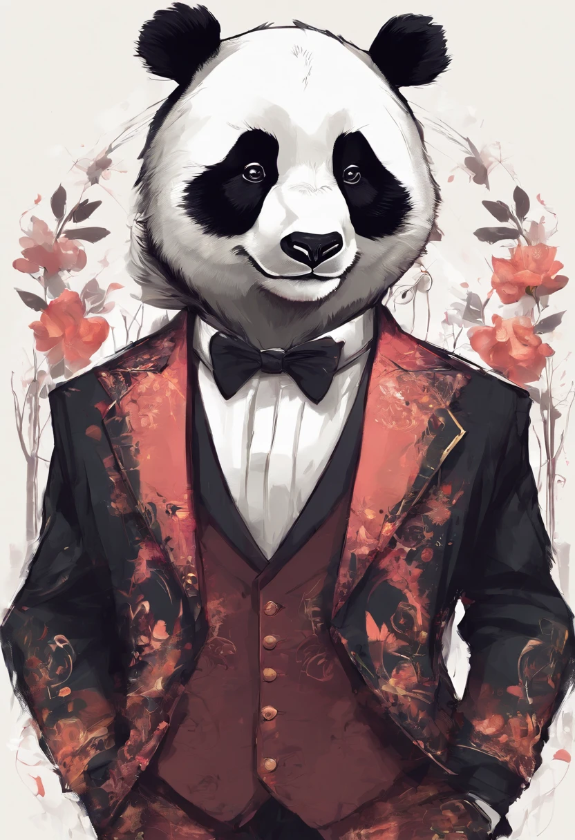 anthropomorphic panda, de cuerpo entero, vestido formalmente con un blazer, sostiene una bandeja, pegatina de panda, sticker de panda.
