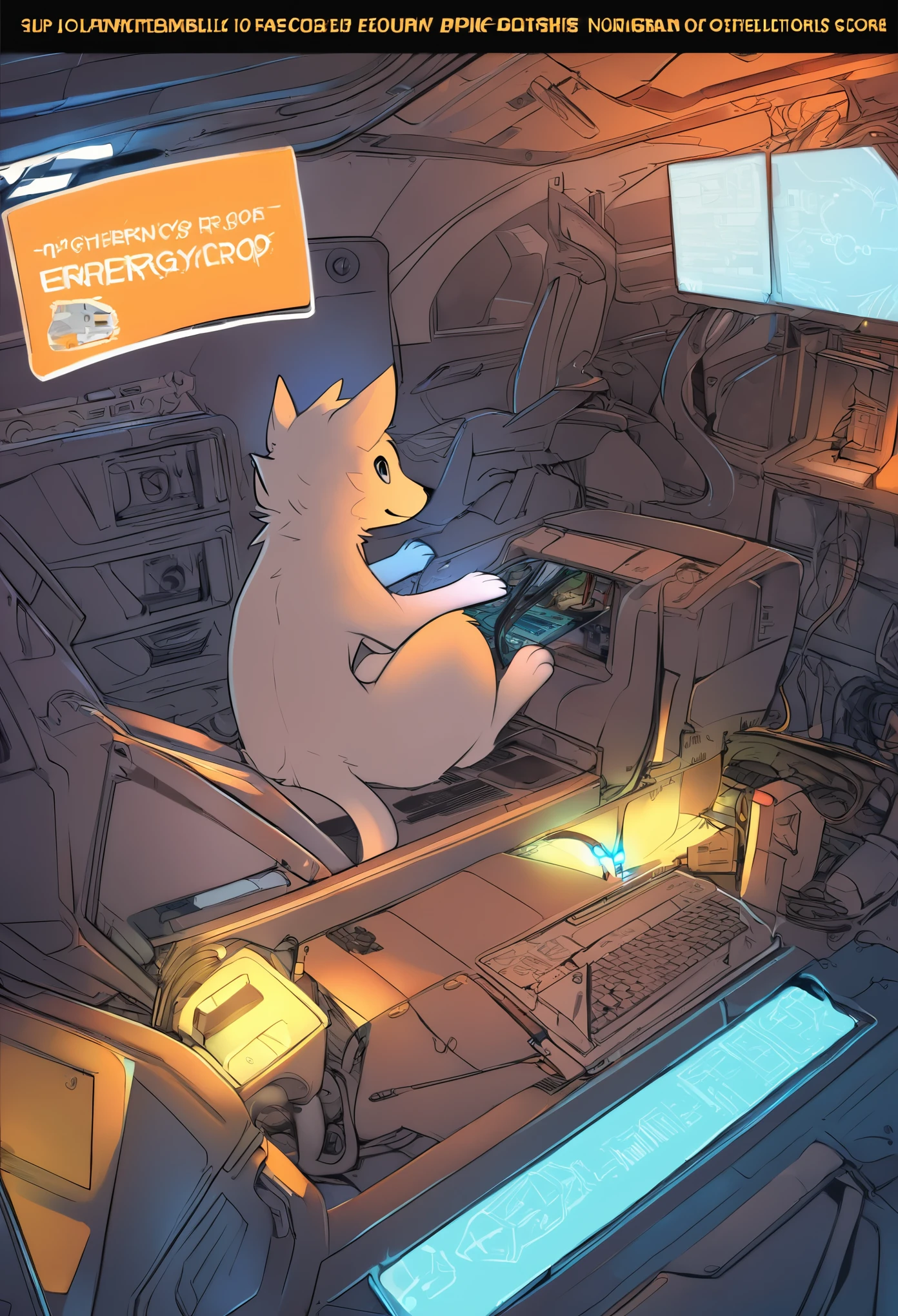 cover page, top quality, best quality, High-quality illustrations, masterpiece, absurdres, perfect anatomy, male only, furry, couple drawing)sitting in a spacious spaceship's cockpit(fixing an emergency error on the motherboard, panic lights, small build, tail, visible fur paws, backlit)crash landing, warning screens,