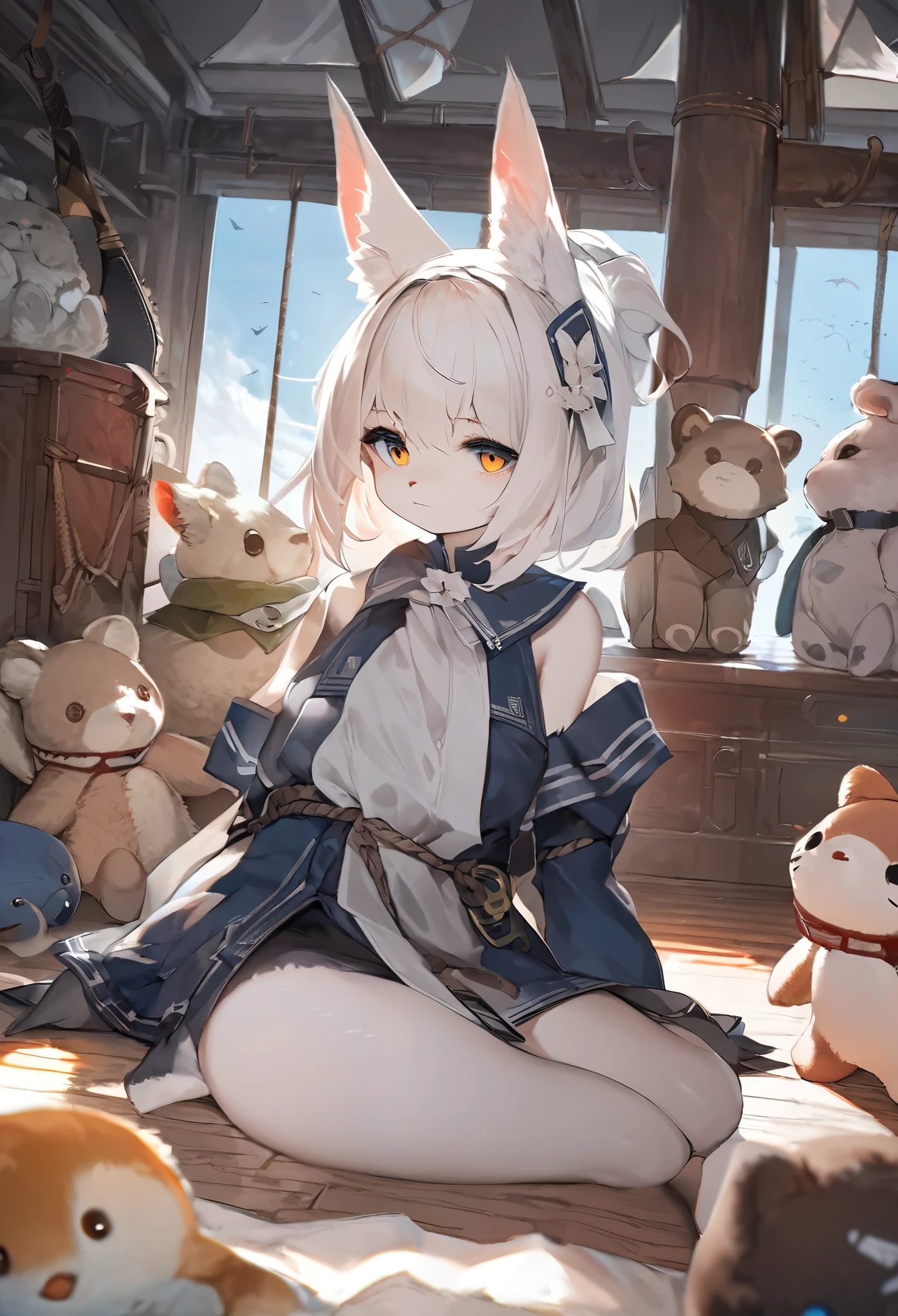 cover page, highres, top quality, best quality, paid reward available, unparalleled masterpiece, perfect artwork, absurdres, High-quality illustrations, super high resolution, detailed background, perfect anatomy(1girl, kemono, furry anthro, kemono, sleepy eyes)many stuffed animals sitting in room with ship in the background, final fantasy artwork concept, 