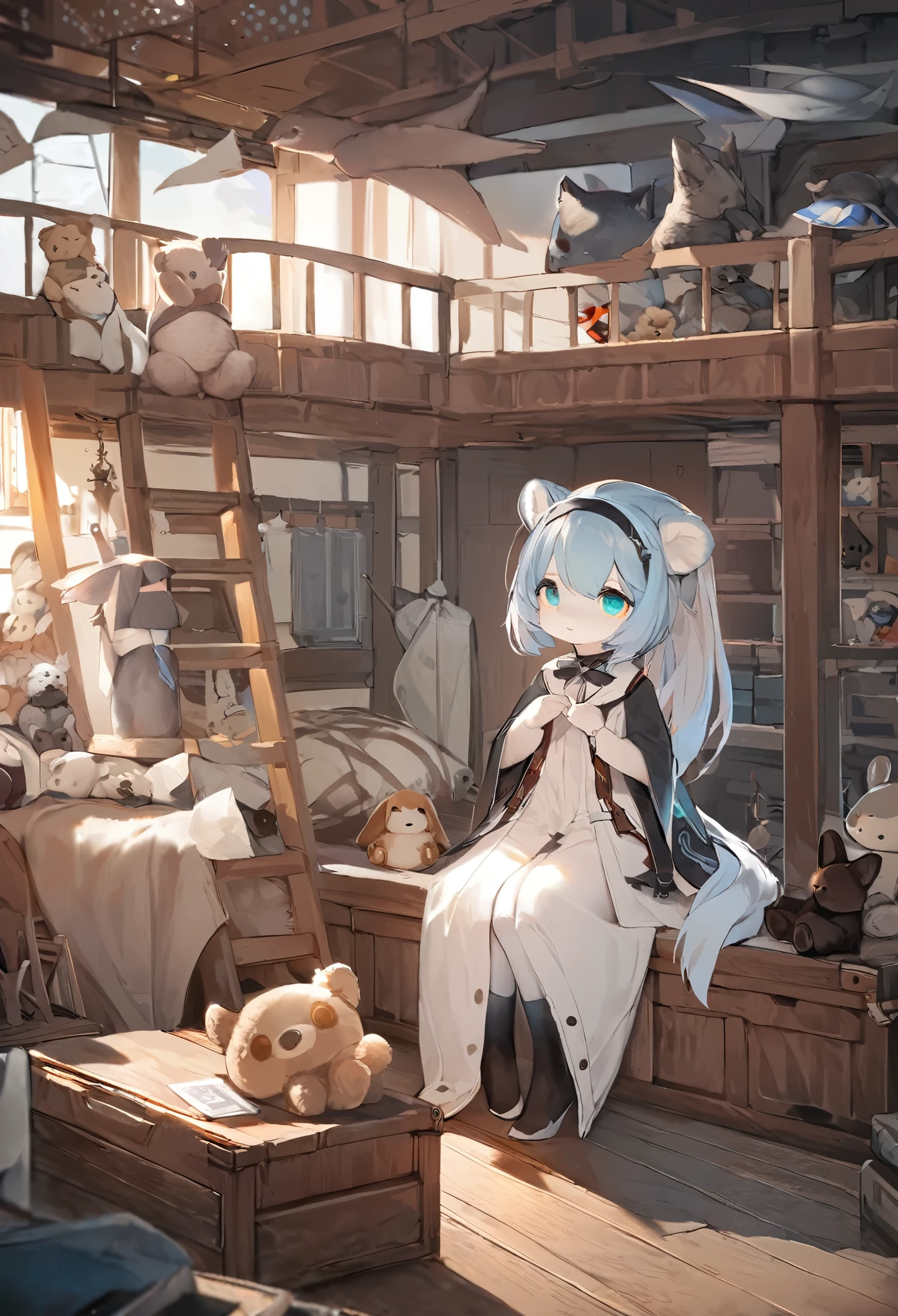 cover page, highres, top quality, best quality, paid reward available, unparalleled masterpiece, perfect artwork, absurdres, High-quality illustrations, super high resolution, detailed background, perfect anatomy(kemono, furry anthro)there are many stuffed animals sitting in a room with a ship in the background, trending on artstation pixiv, ships with sails underneath, inspired by Carl Eugen Keel, kawacy, childrens art in artstation, guweiz on pixiv artstation, from the azur lane videogame, final fantasy artwork concept, lan mcque,