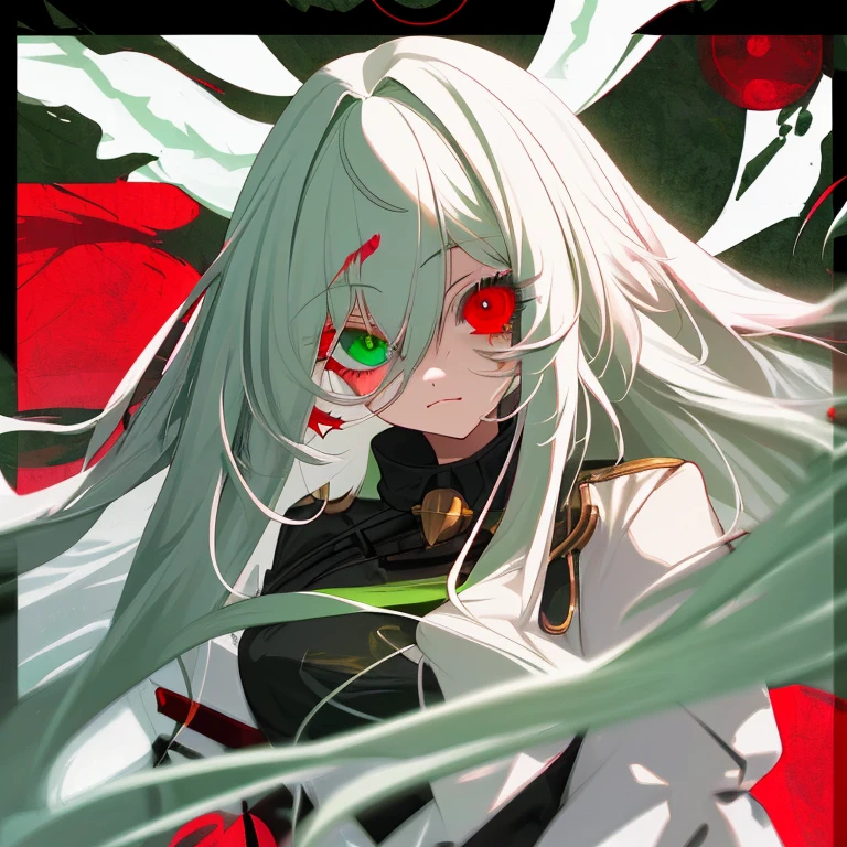 girl with long white hair. Green/red eyes (heterochromia).