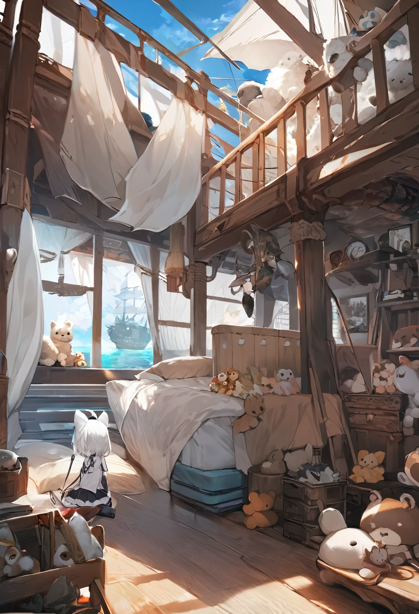 cover page, highres, top quality, best quality, paid reward available, unparalleled masterpiece, perfect artwork, absurdres, High-quality illustrations, super high resolution, detailed background, perfect anatomy(kemono, furry anthro)there are many stuffed animals sitting in a room with a ship in the background, trending on artstation pixiv, ships with sails underneath, inspired by Carl Eugen Keel, kawacy, childrens art in artstation, guweiz on pixiv artstation, from the azur lane videogame, final fantasy artwork concept, lan mcque,