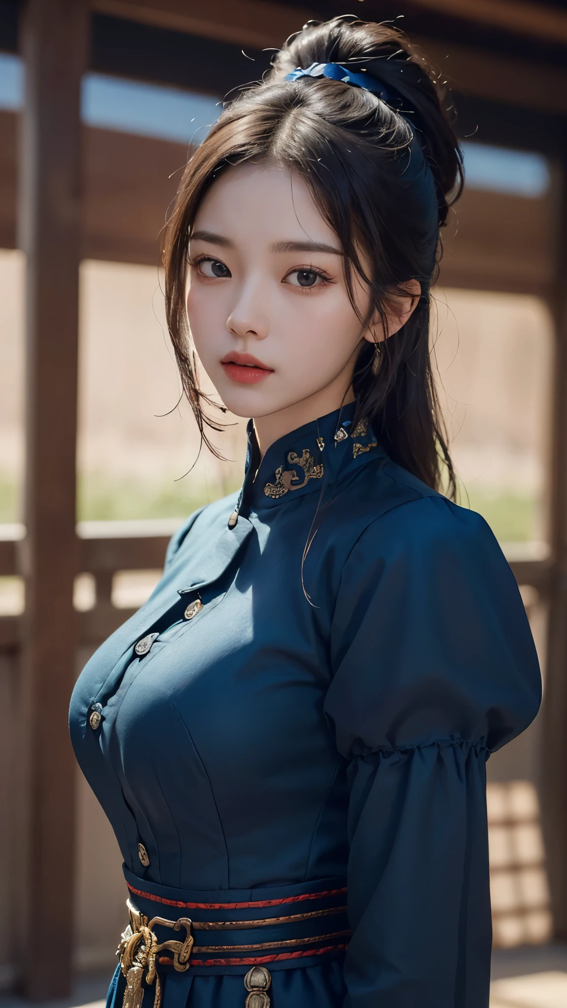 (masterpiece, top quality, 8k, best quality, official art, beautiful and aesthetic:1.2), 조선의 호위safe, Korean woman in her 20s, brilliant colors, 1700s Joseon background, safe, Fierce Eyes, martial arts, (big bust:1.4), I&#39;m wearing a full lip,female general, safe