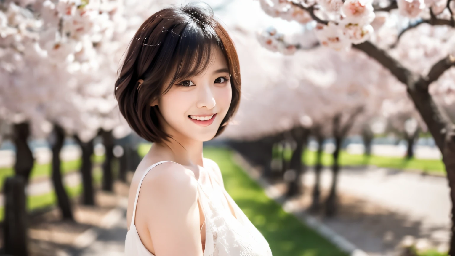 Young Japanese woman, 30s, white background, simple background, short bob, camisole, 4K, 8K medium, high resolution, beautiful woman, beautiful eyes, simple, high resolution, alone, beautiful skin, beautiful skin, smile, walking along the cherry blossom trees