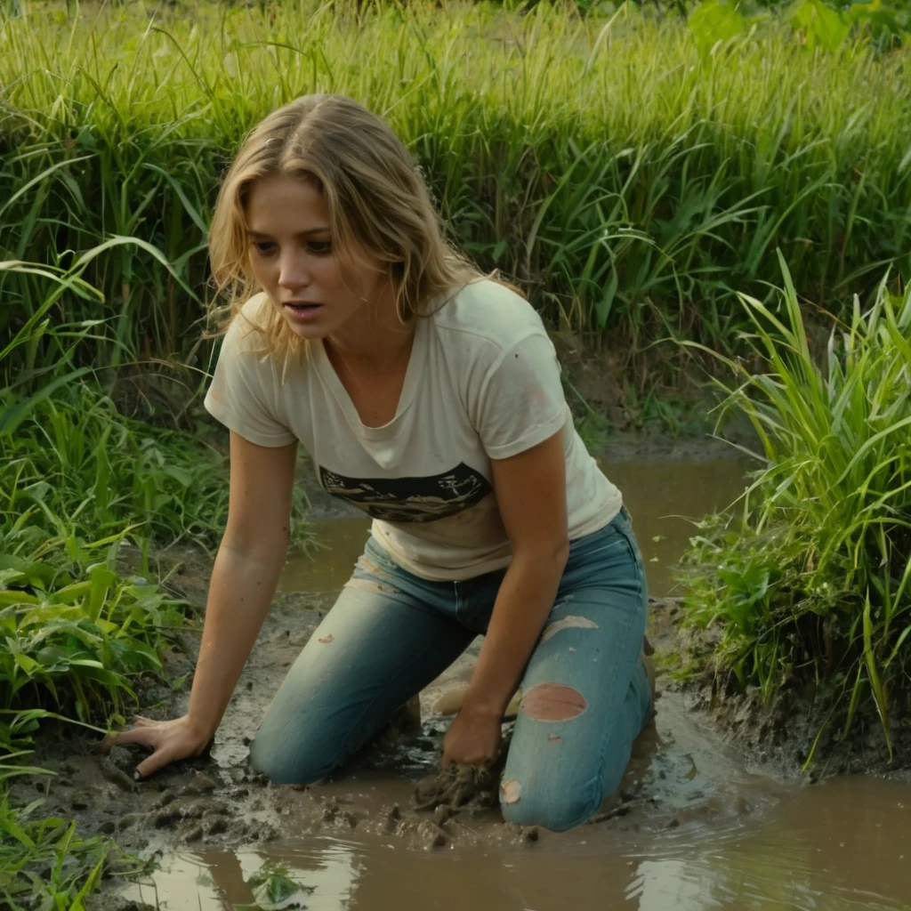 (best quality,4k,8k,highres,masterpiece:1.2), ultra-detailed, (realistic,photorealistic,photo-realistic:1.37), 70s setting, A young woman in her favorite jeans and an old t-shirt hesitates for a moment before stepping into the muddy pond. Feeling a mix of forbidden thrill and pleasure, she wades into the mud and kneels down. She begins to rhythmically press her backside into the soft, muddy ground, surrounded by the serene environment of the pond. The scene captures her in action, with splashes of mud and expressive emotion on her face, highlighting the intense personal moment.