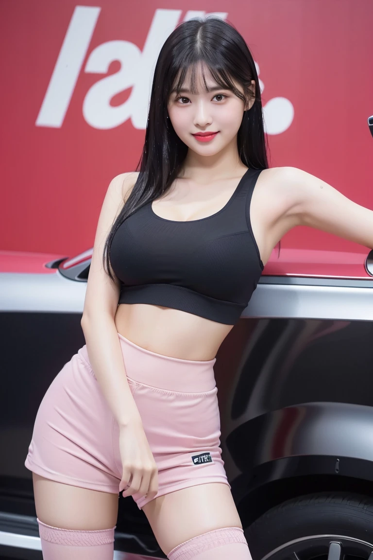 (8K), (highest quality: 1.2), (realistic), (realistic: 1.37), ultra high resolution, (1 girl, cute, smile, closed mouth, thick lips,red lip,beautiful details, beautiful nose, (straight black hair), smooth hair,giant dulcefo, self snap,(pink sports bra),(Big corporate logo),(Yoga Shorts:1),(Natural knee-high socks),At the Motor Show,(Standing in front of the car:1.1),Close up on wet thighs,(Medium Shot:1.2),Raise your arm and see your side:1.2,swelling of